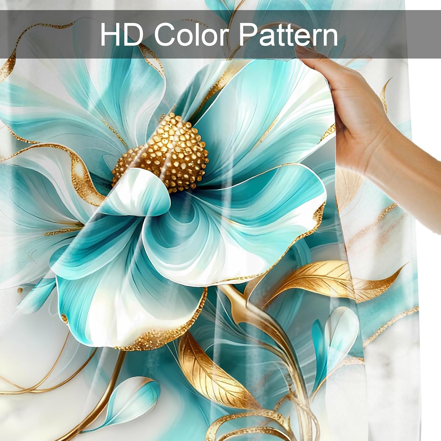 AZHM 3D Floral Shower Curtains for Bathroom Modern Marble Flower 4 Piece Shower Curtain Sets with Rugs Gold and Blue Bathroom Decor Sets and Accessories and 12 Hooks