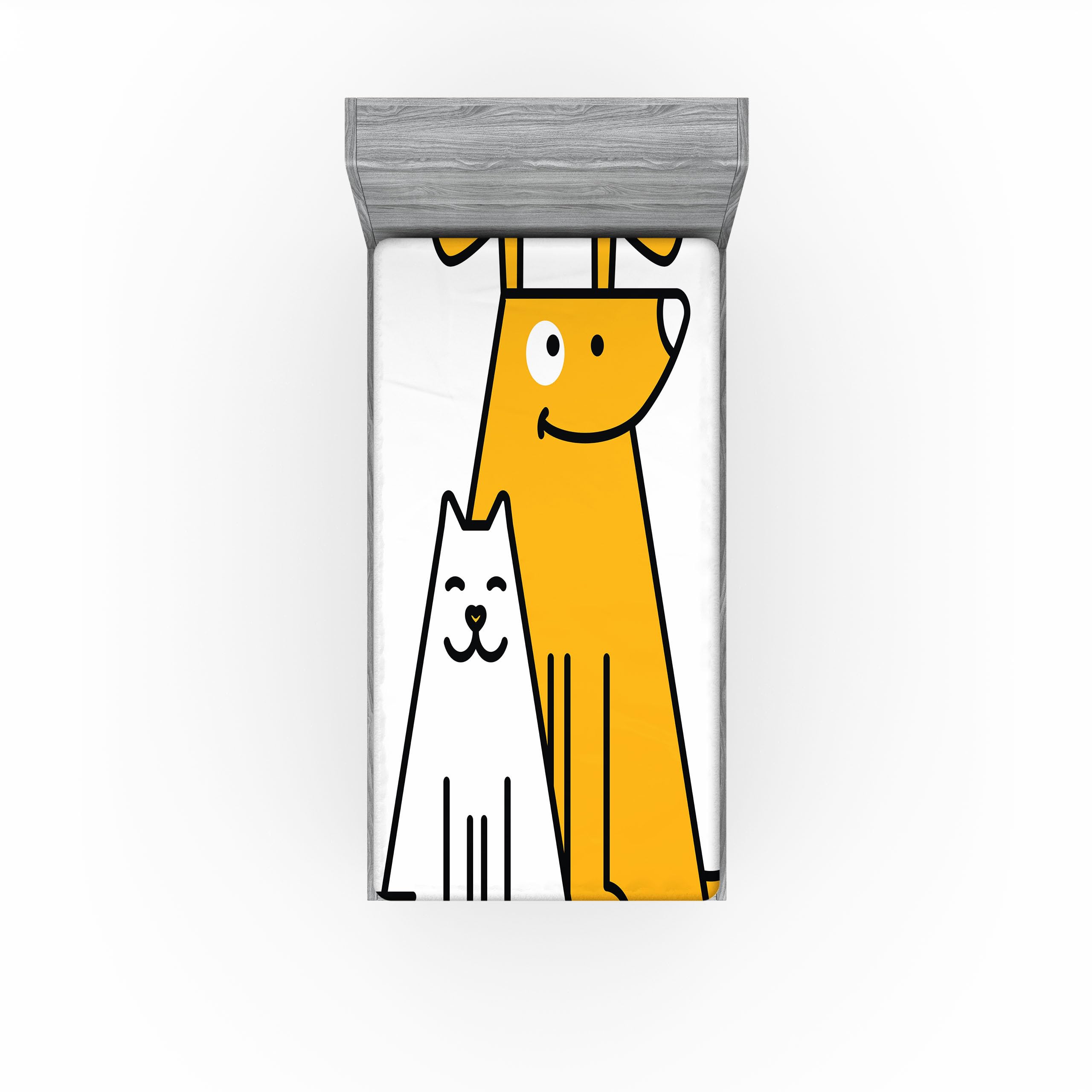 Ambesonne Cartoon 2 Pack Fitted Sheet, Cats and Dogs Friends, Bed Cover All-Round Elastic Deep Pockets 2 Pieces, Package Contains 2 Twin Size Fitted Sheets, Apricot White