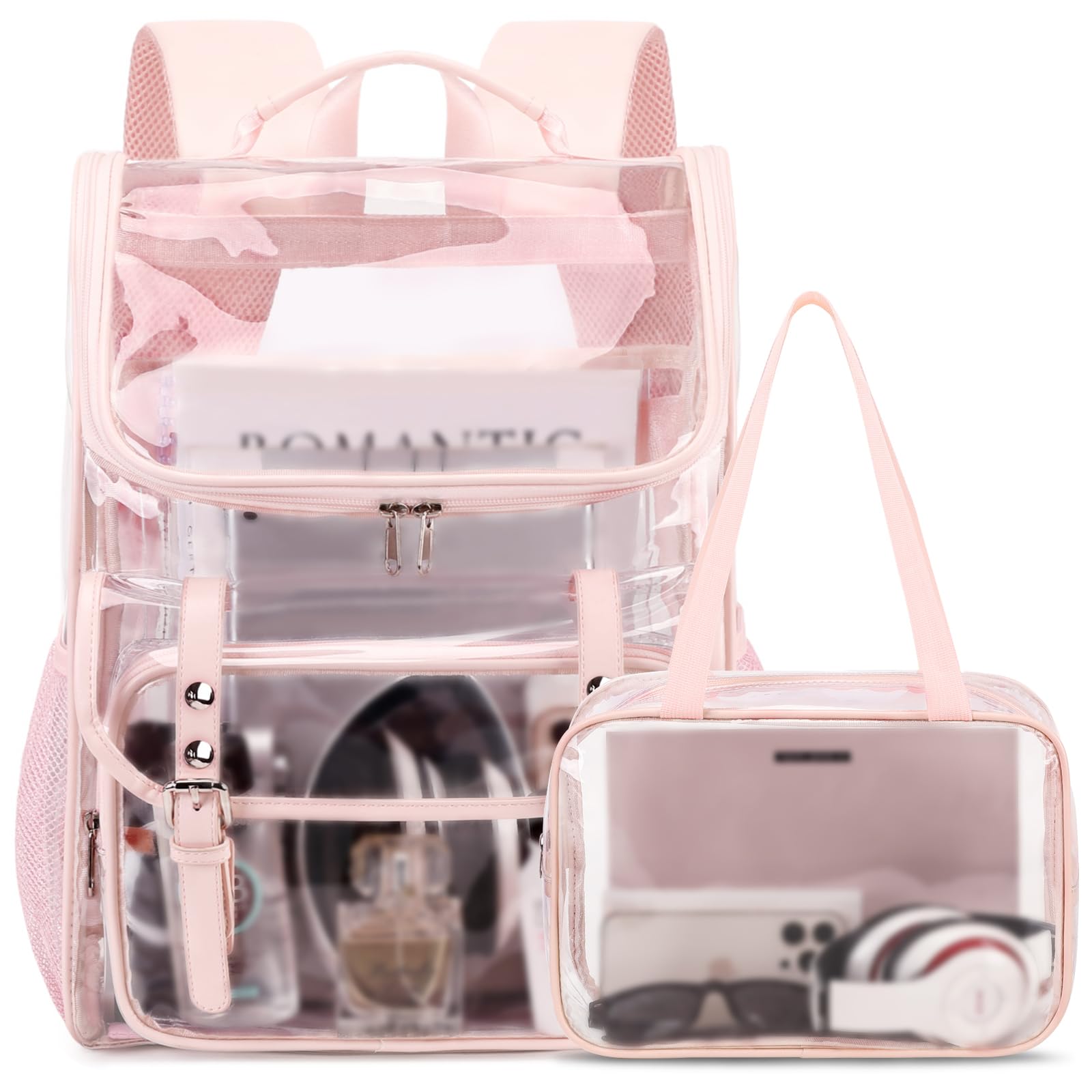 DIGOBAY Clear Backpack with Lunch Bag Set, Leather Clear Backpack Heavy Duty Thick PVC Bookbag See Through Transparent Backpacks with Support Pad for Women Girls School College Travel Work Pink