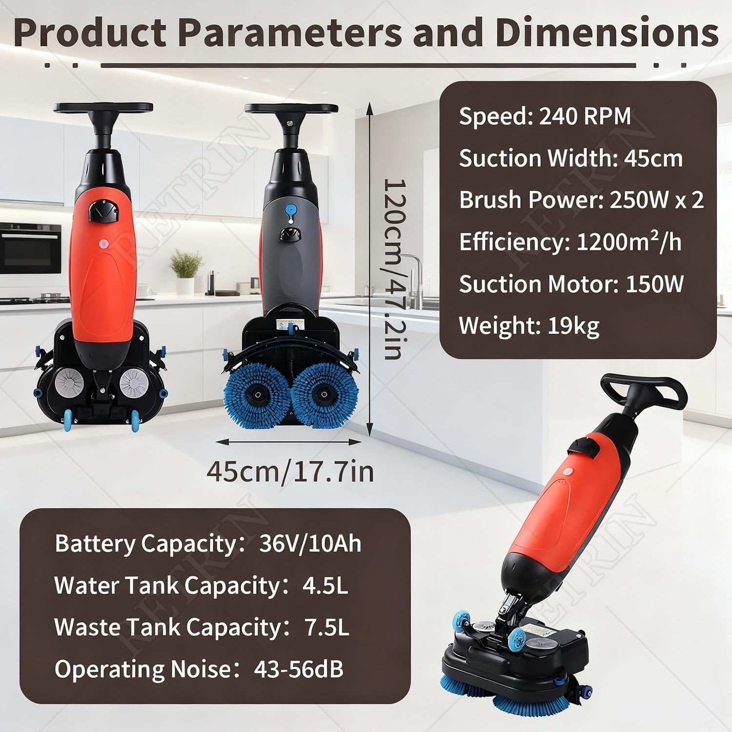 Commercial Floor Scrubber Machine 36V Electric Floor Scrubber and Polisher Floor Cleaner 16.9" Cleaning Width,360° Rotary Double Brushes,for Home,Office,Small Commercial Spaces