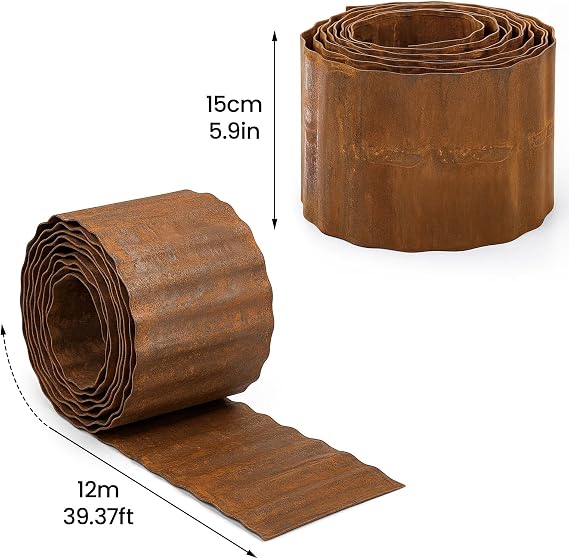 Rusty Metal Lawn Edging Border 15cm x 12m Corrugated Steel Garden Edging Flexible Landscape Border for Flower Beds Vegetable Gardens and Tree Rings (Rusty)