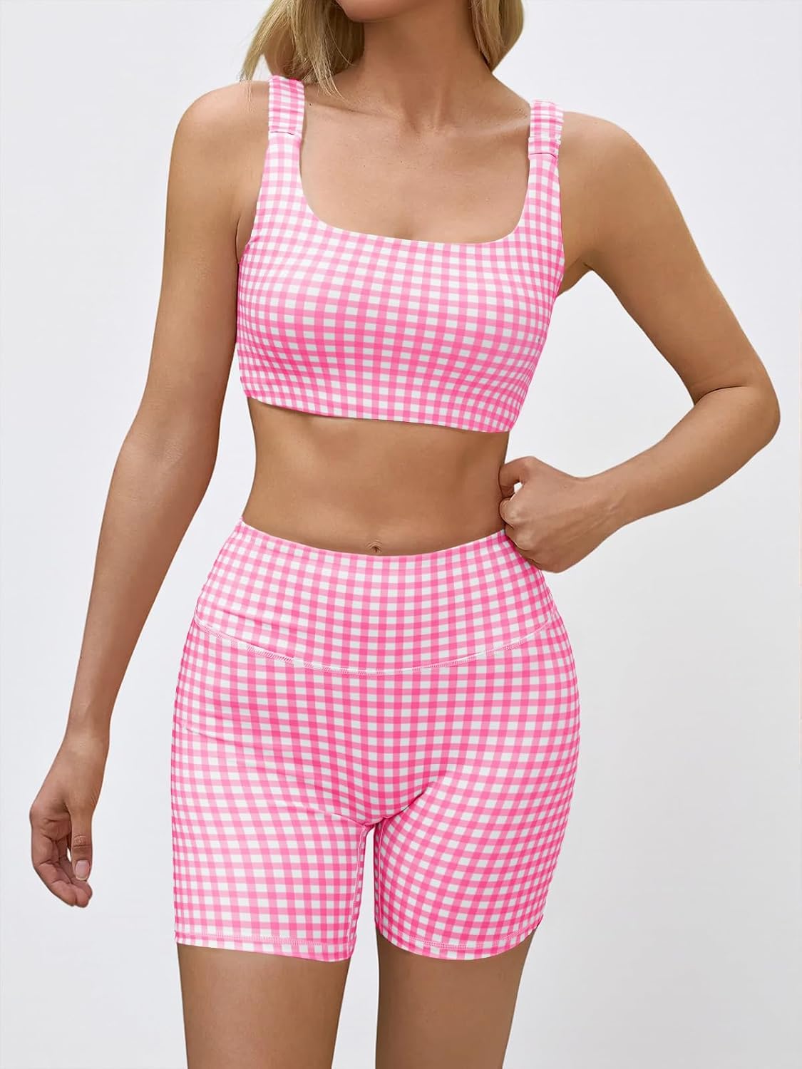 Aoysky Womens Workout Gingham 2 Piece Outfits Padded Open Back Crop Tank High Waist Sports Shorts Sets Yoga Matching Sets