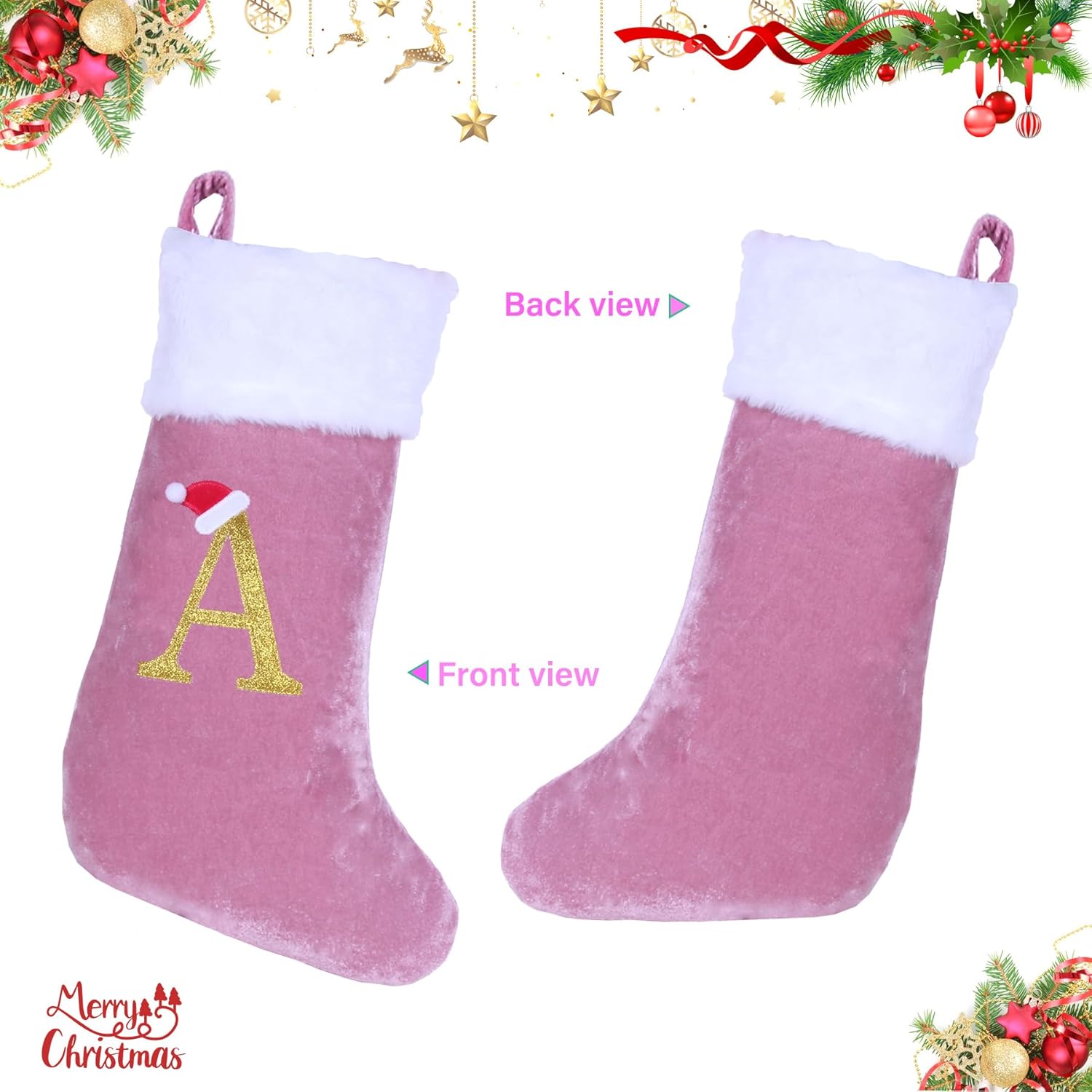 20 Inches Monogram Christmas Stockings with Letters, Large Super Soft Christmas Stockings Pink Velvet with White Super Soft Plush Cuff for Xmas Tree Holiday Fireplace Gold Letter A - Image 3