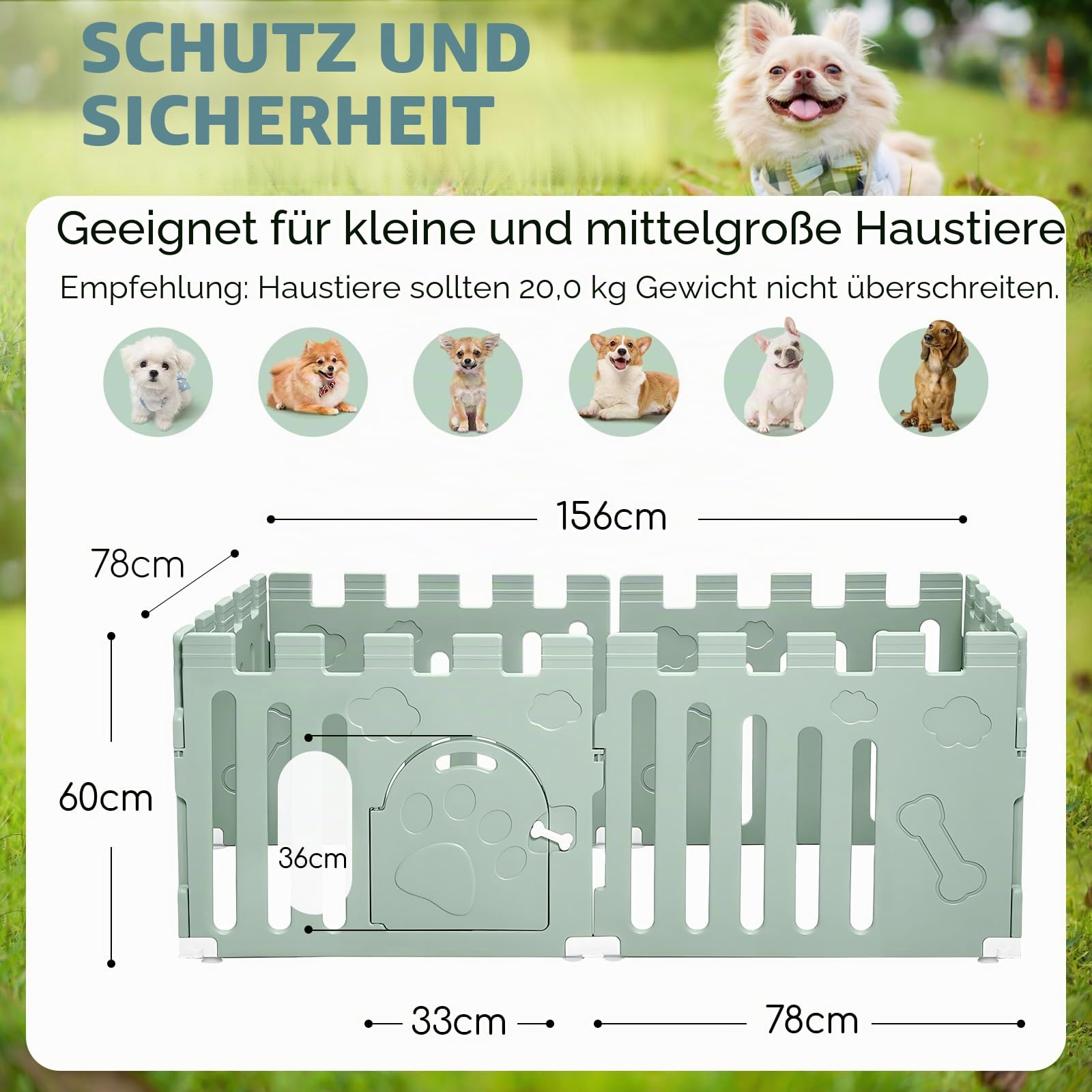 Hundelaufstall mit Tür, 6-Panel Indoor-Welpenlaufstall, Starker Kunststoff-Kleintiersicherheitszaun Hundelaufstall, Rutschfestes und Sicheres Haustiergitter, Grün