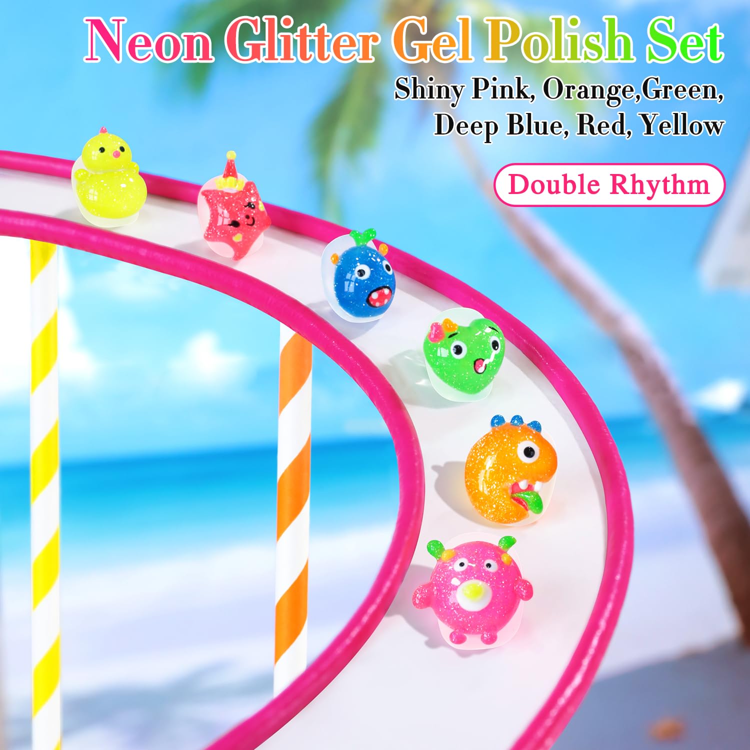 Double Rhythm 6 Pcs 15 ML Glitter Gel Polish Set Same Color Same Bottle Soak Off Gel Polish Kit Nail Art Manicure Salon DIY at Home (Shimmer Neon Yellow Orange Green Blue Pink-T6-86)