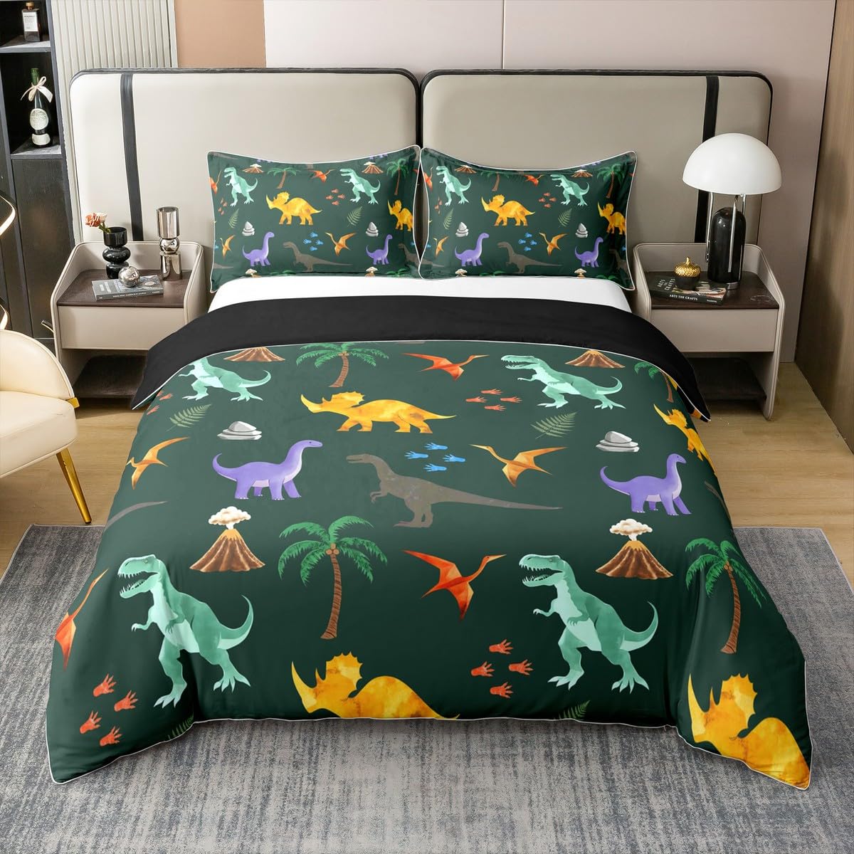 Housse de couette dinosaure 140x200cm parure de lit coton enfant 2 pièces jaune