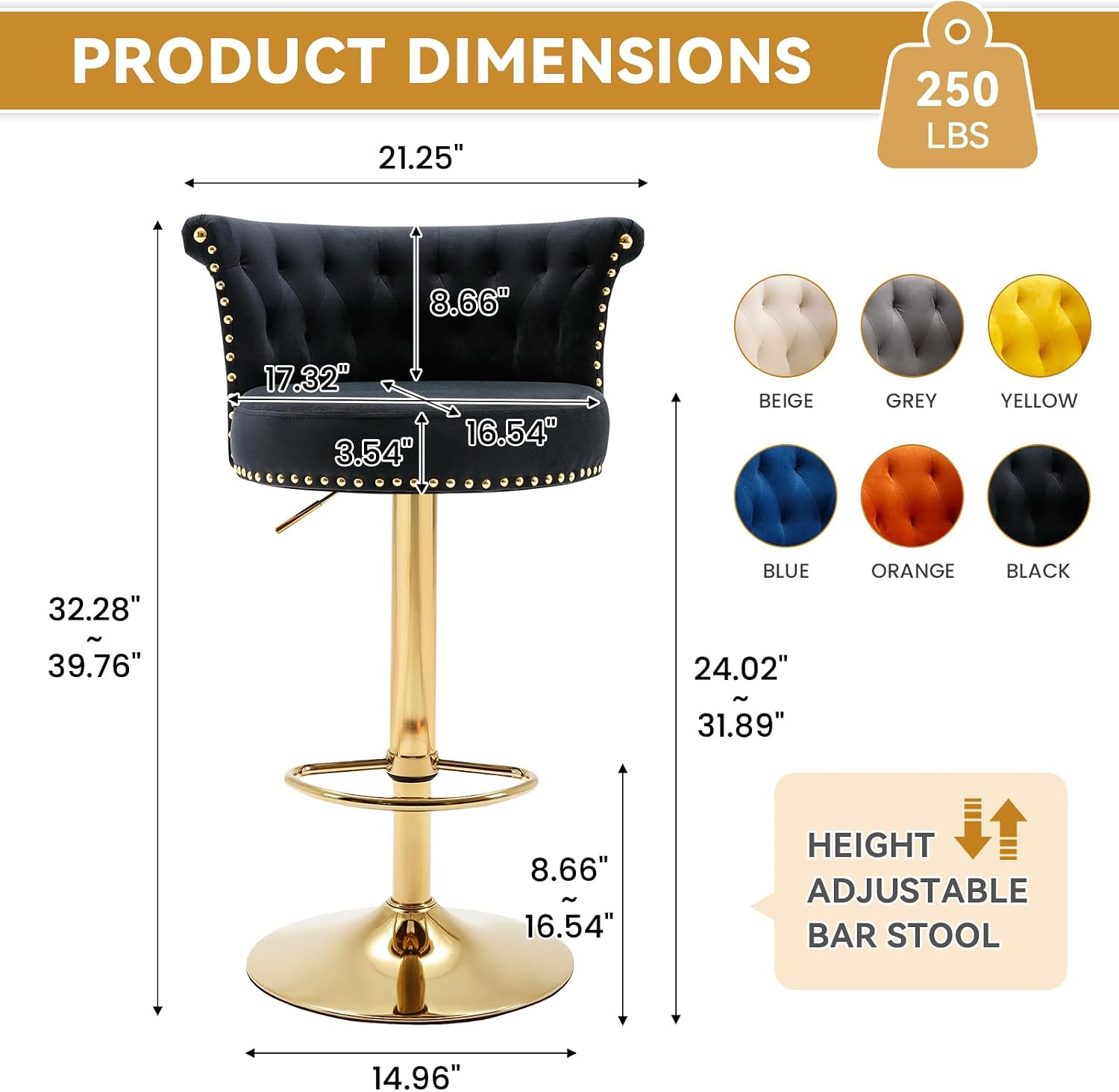 Black Swivel Bar Stools Set of 2, Adjustable Counter Height Barstools with Tufted Back and Golden Leg, Modern Velvet Upholstered Barstools Chair for Kitchen Island, Counter, Dining, Pub, Cafe