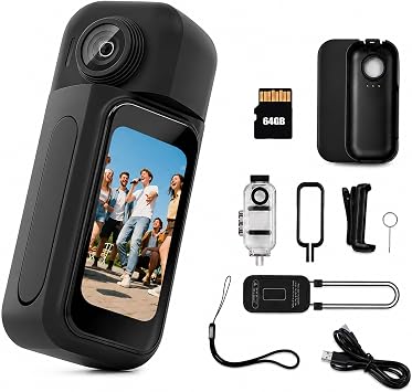 4K Thumb Action Camera, 64GB Body Helmet Cam | for Cycling, Motorcycle, Traveling, 180 Rotating Lens, Hands-Free Wearable Body Camera, Tiny Size, Touchscreen