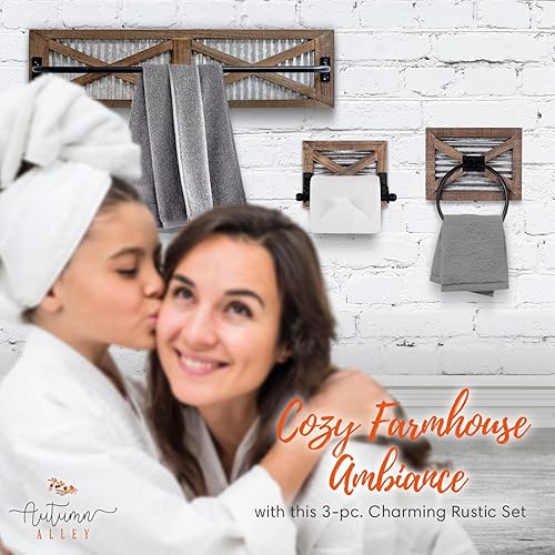 Miniatura 8 de Autumn Alley toallero rústico de puerta de granero, la madera marrón cálida y el metal corrugado aportan un encanto rústico