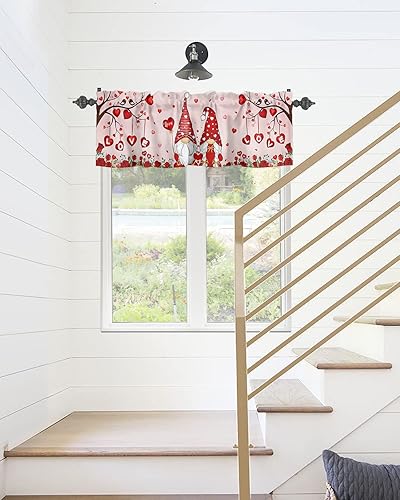 Miniatura 6 de Cenefa de gnomo para el día de San Valentín para cocina cenefas de ventana de árbol de corazón cortina con bolsillo para barra tratamiento de