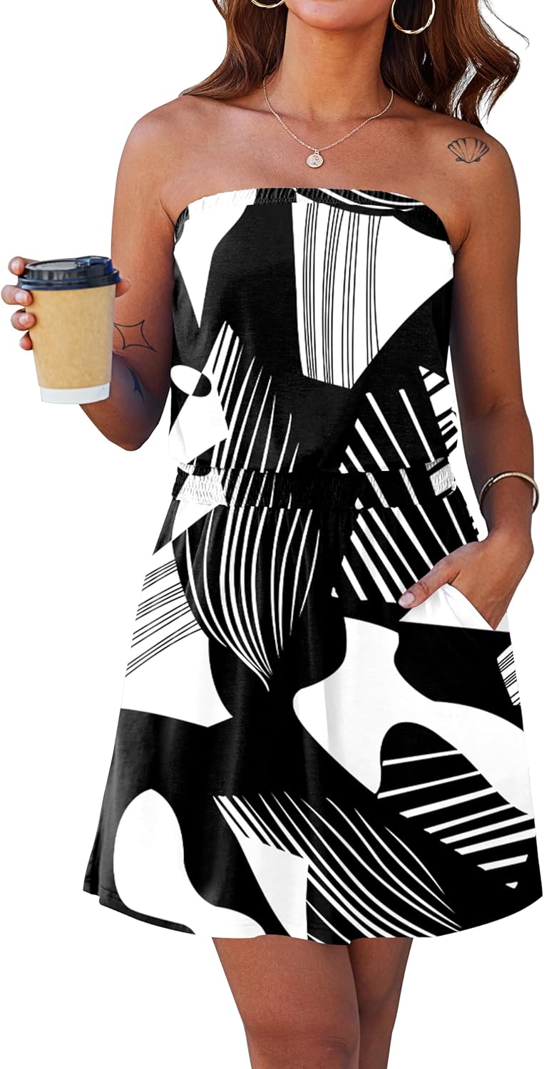 SAUKOLE Summer Dresses for Women Bandeau Strapless Smocked Elastic Waist Sundress Tube Mini Dress with Pockets