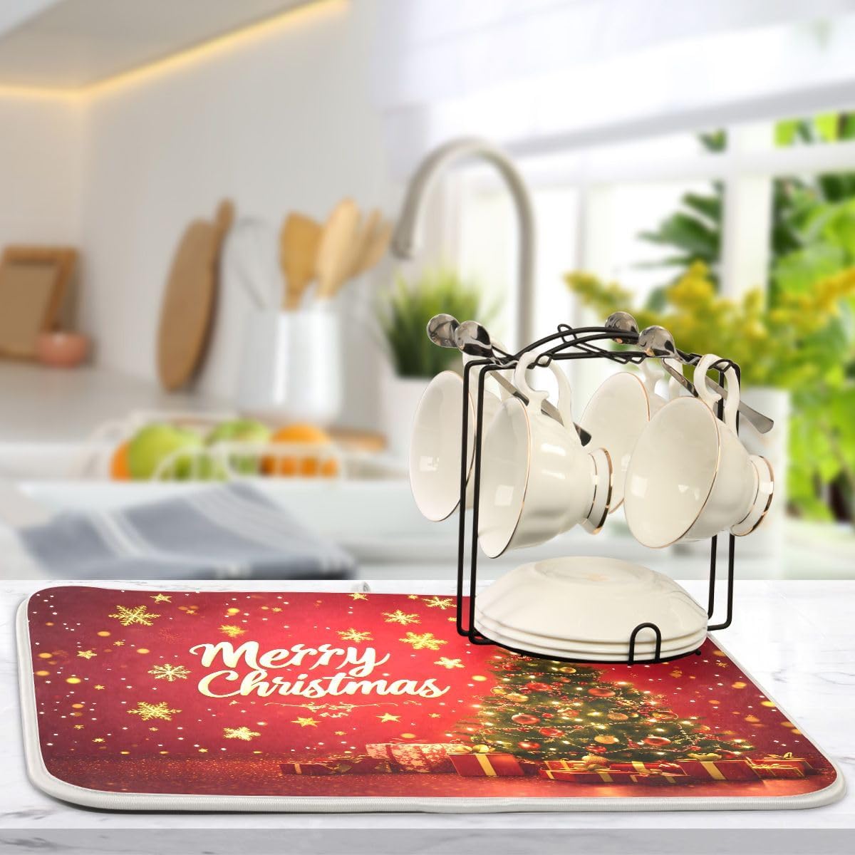 Golden Stars Christmas Tree Dish Drying Mat 18x24 Absorbent Dishes Pad Dish Drainer Mat Protector for Kitchen Fast Dry