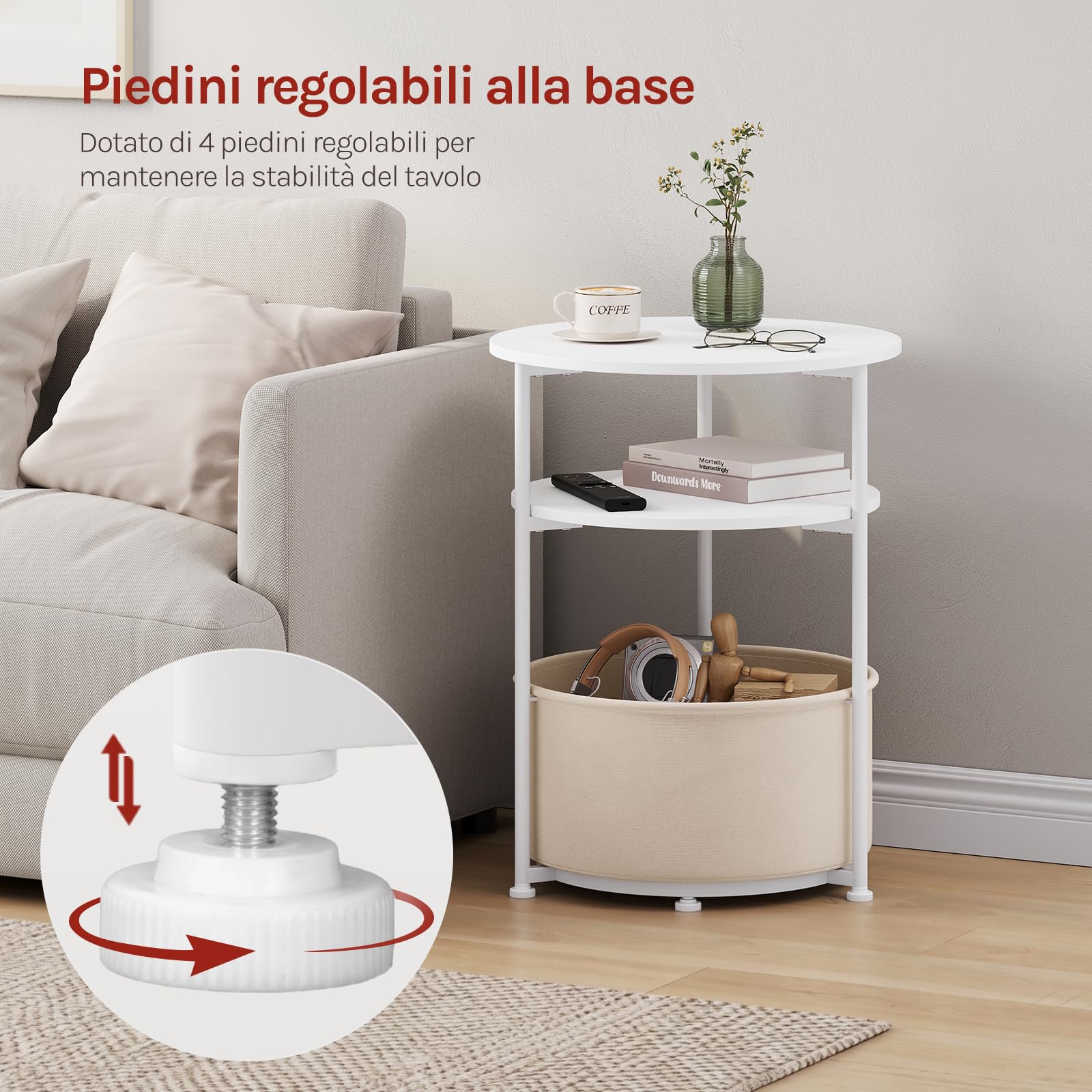 WOLTU Tavolino da Caffè Rotondo Salvaspazio con Cestino Portaoggetti in Tela e Struttura in Metallo, Tavolo Salotto Piccolo per Soggiorno, Balcone, Camera da Letto, Bianco+Beige