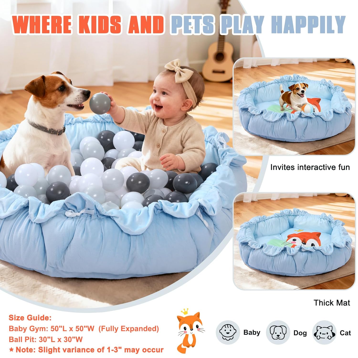 5-in-1 Baby Gym Play Mat with Cartoon Pattern, Extra Thick Plush Tummy Time Activity Gym with Hanging Toys, Sensory Development & Motor Skills Training Floor Mat, Fox