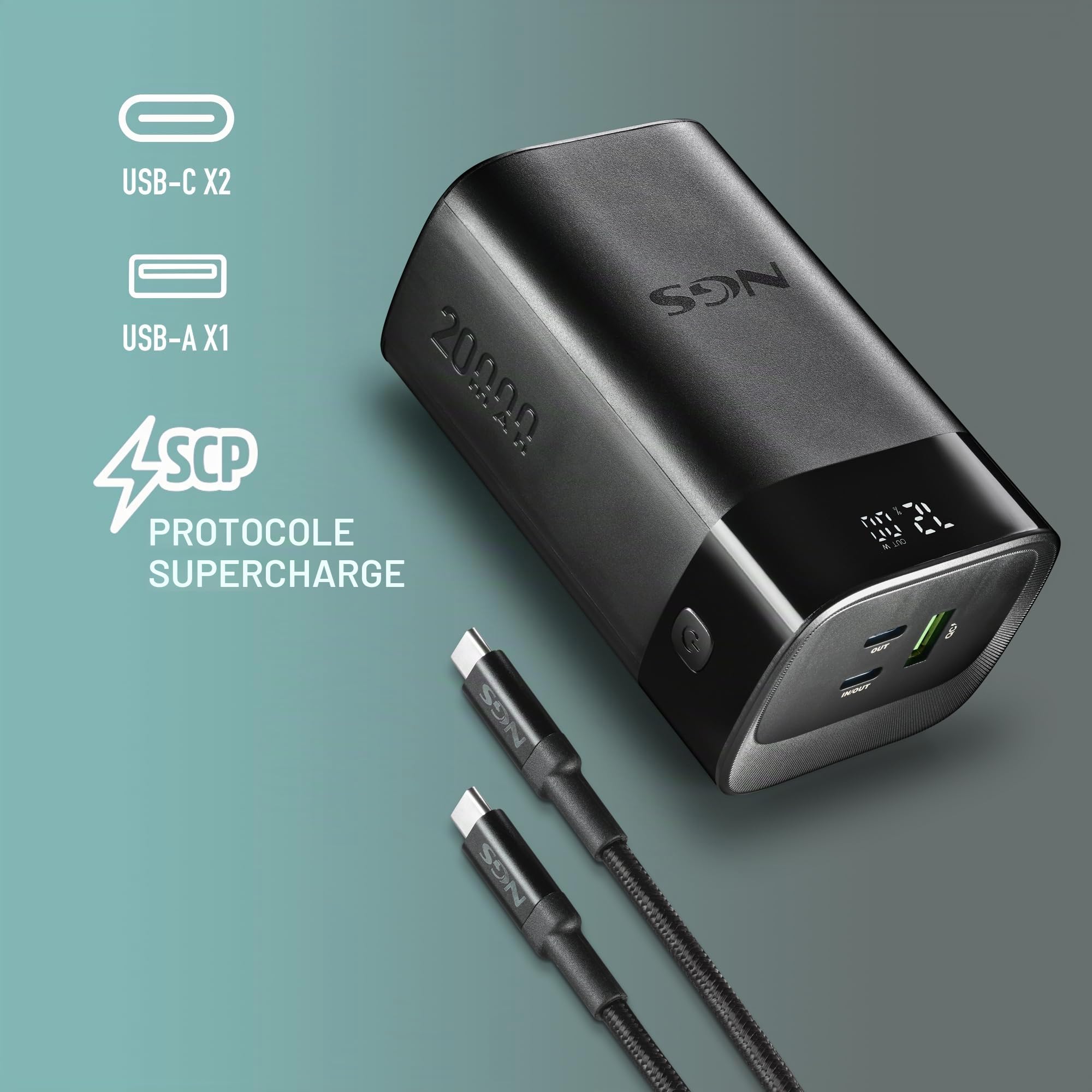 NGS Twix 20 - Batterie Portable 20 000 mAh, 65 W, Charge Rapide, USB-C 20 W et USB-A QC 22,5 W, écran LED précis, Compact et léger, Compatible avec iPhone, Samsung, Xiaomi, Huawei, Ordinateur Portable
