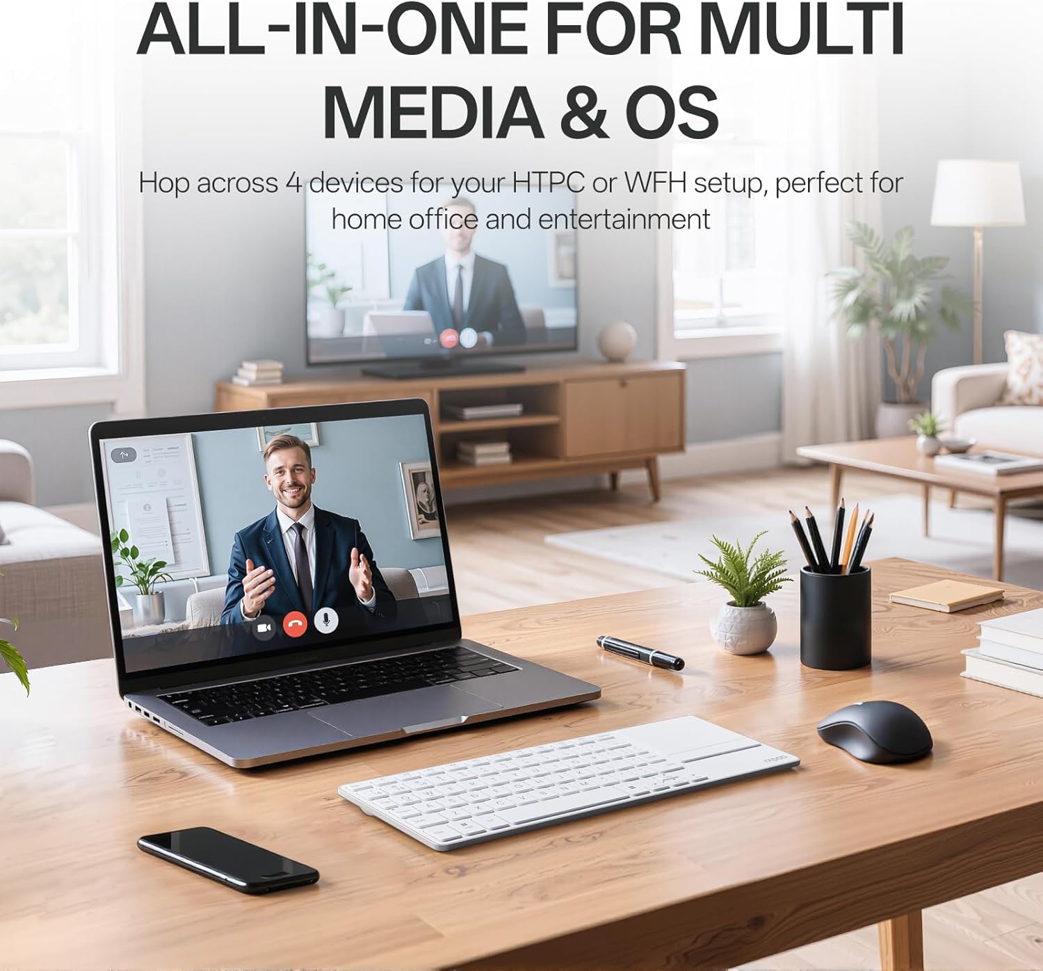 Rapoo Portable Wireless Keyboard with Touchpad, Multi-Device HTPC Keyboard for PC-Connected TV/Tablet/Steam Deck/Gaming Console/Raspberry Pi/Mini PC - Support Touch Gestures for Windows & Mac