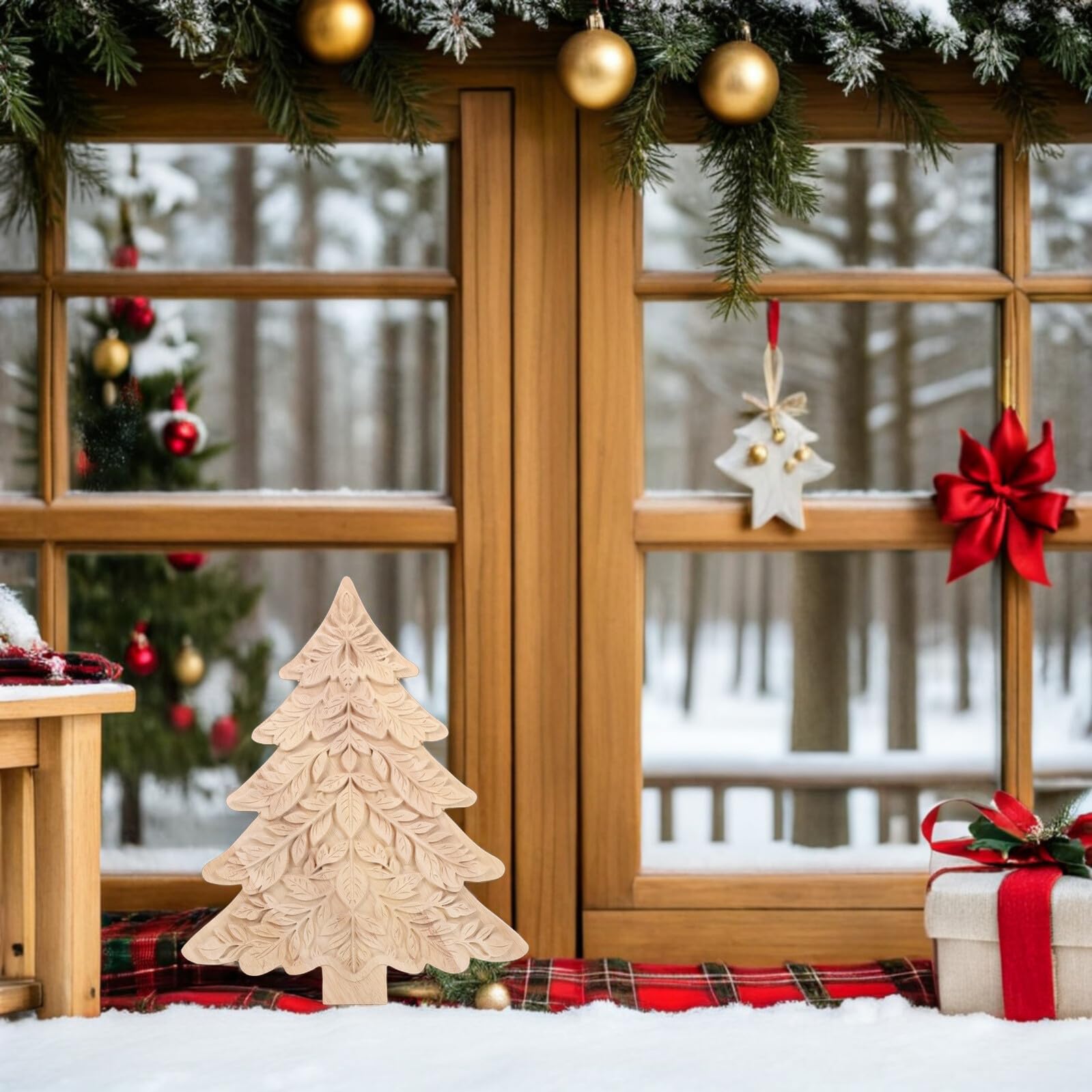 Décoration Sapin de Noël Bois Sculpté Ornements Rustiques sur Pied Éléments DIY pour Centre de Table et Cheminée Décor Hivernal Bois Naturel