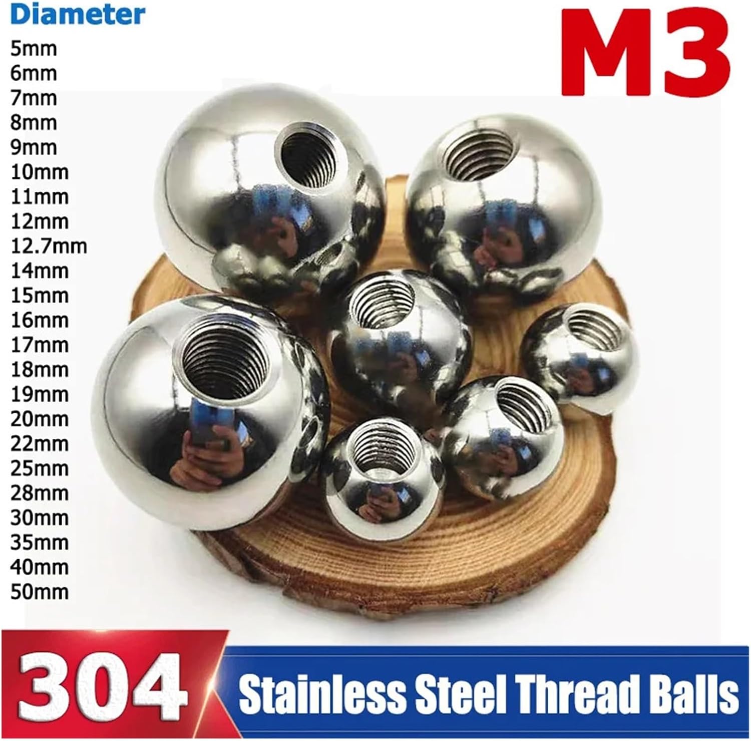 1-50pcs M3 Thread 304 Stainless Steel Balls OD 5/6/7/8/9/10/11/12/14~50mm Solid Half-Hole Balls Drilling Blind Hole Thread Ball(50pcs,28mm)