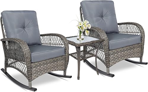 Miniatura 27 de VIVIJASON Mecedora Loveseat de Mimbre para Exteriores con Mesa de Café, Juego de Sofá Mecedor de Ratán para 2 Personas con Cojines Gruesos, Mecedora