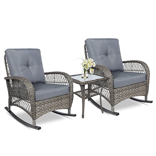 3-Piece Outdoor Conversation Bistro Set, Patio Wicker Rocking Chairs Rattan