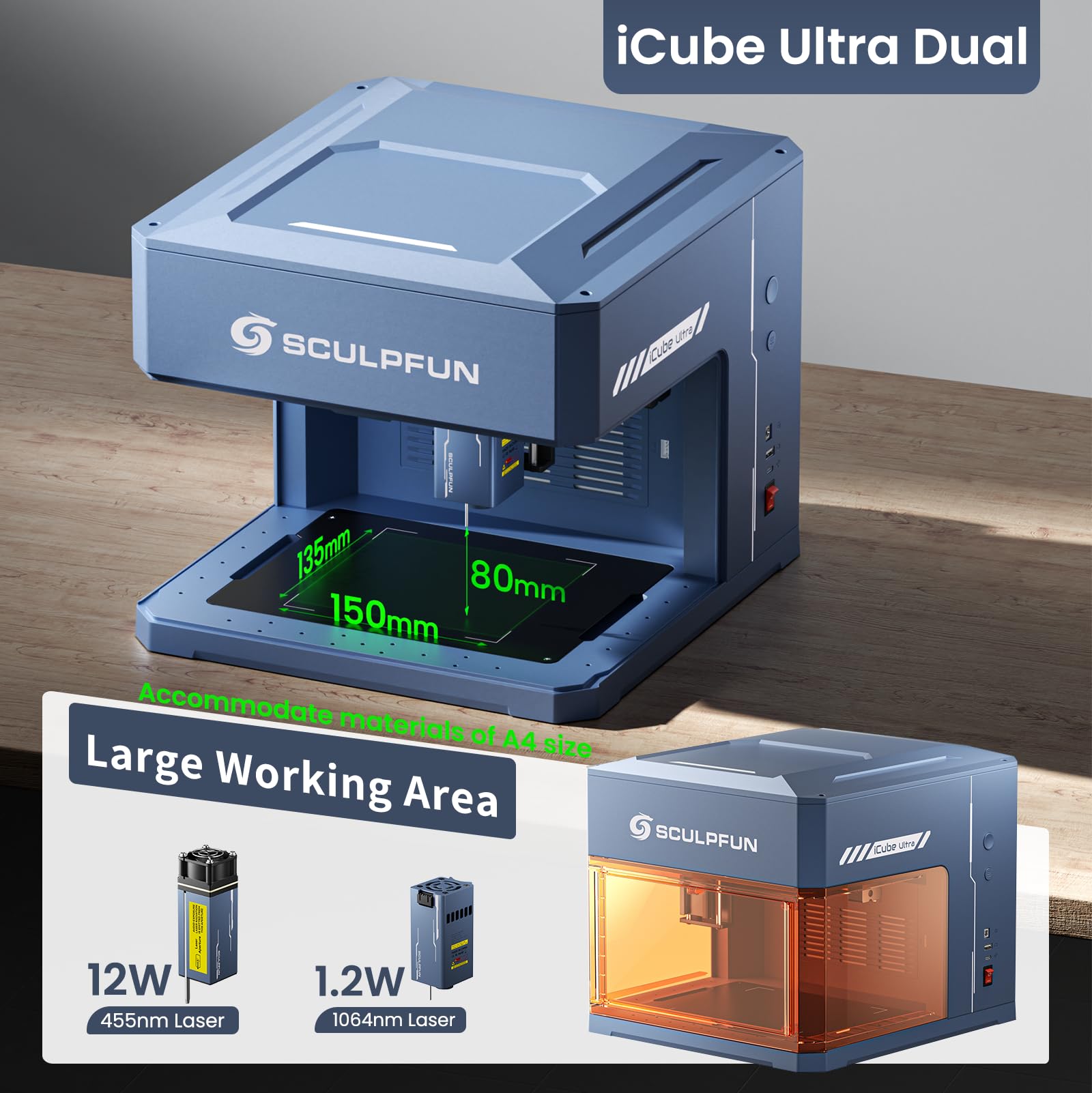 SCULPFUN iCube Ultra Doppelmodule Lasergravierer mit RA Mini Rotationswalze, 12W Diodenlaser + 1,2W Infrarotlaser, Gehäuse Laser Gravurmaschine mit Rauchfilter, Tragbare Laser Cutter Lasergravur
