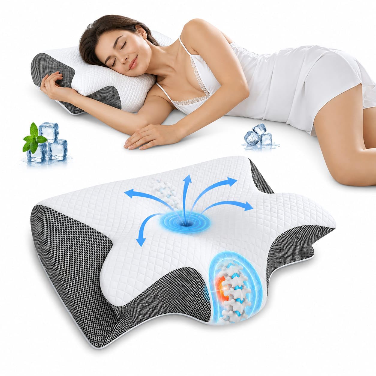 Almohada Cervical Nuca - Almohada Cervicales y Cuello - Almohada Viscoelastica Antironquido Ergonómica con Espuma de Memoria para Dormir de Lado - Alivia Dolor de Cuello y Espalda.