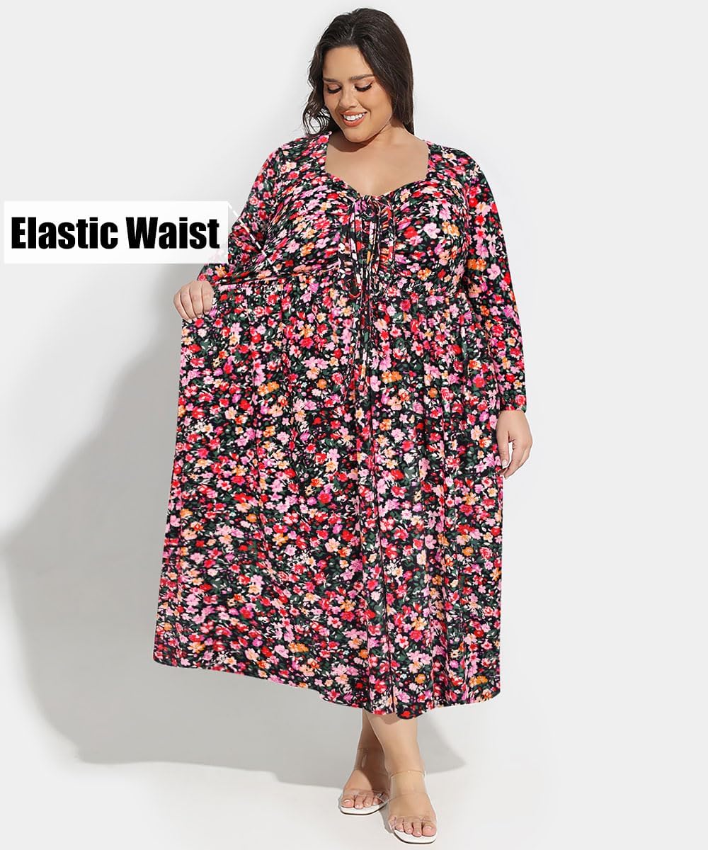 CARCOS Plus Size Dresses for Curvy Women Tie Sweetheart Neck Fall Maxi Dress Long Sleeve Empire Waist Floral Boho Dress - Image 5