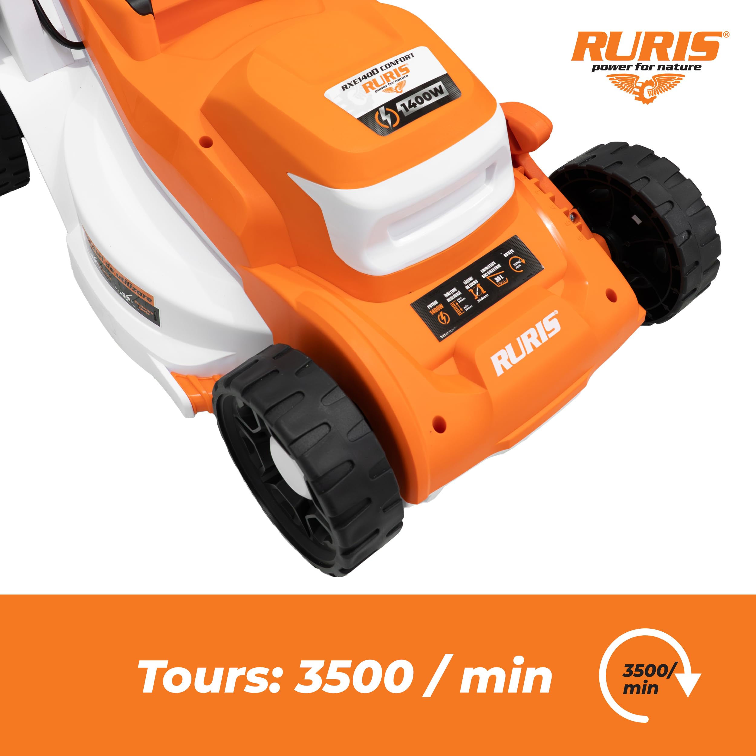 RURIS RXE1400 Comfort tosaerba elettrico 1400 W larghezza 340 mm 6 altezze 20-70 mm vassoio 35 L pettine taglio manico Comfort Pro regolabile 9 kg