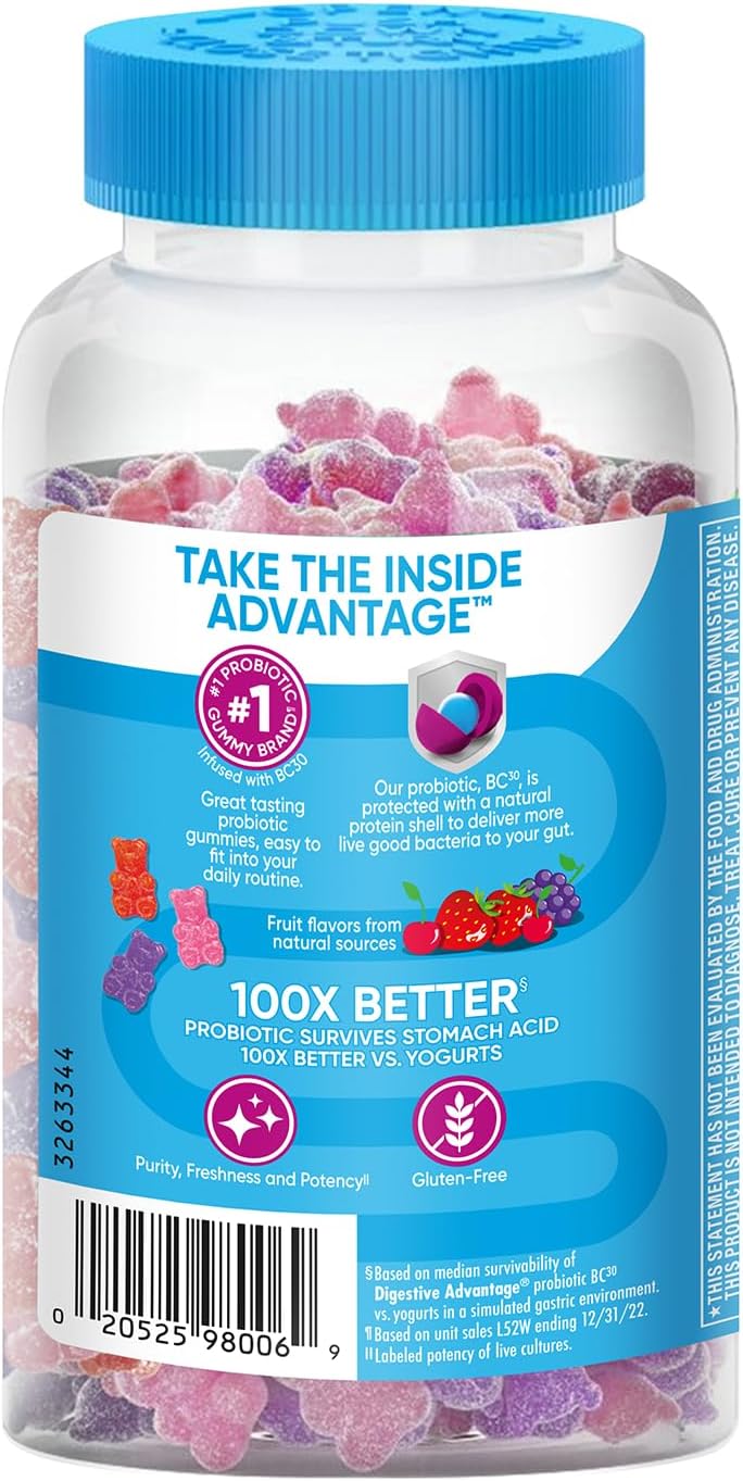 Digestive Advantage Gummies for Digestive Health, Daily Probiotics for Women & Men, Support for Occasional Bloating, Minor Abdominal Discomfort & Gut Health, Superfruit Flavor, 90 Count (Pack of 2)