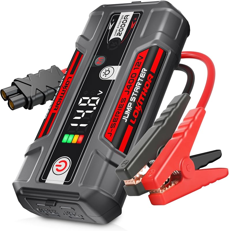 LOKITHOR J400 Portable Jump Starter for Upto 8.0L Gas & 6.0L Diesel Engines | 12V 2000A Lithium Car Battery Jump Pack, Jump Box, Jumper Cables with ConnectMax Tech | Smart Digital Display | 300-lumen LED