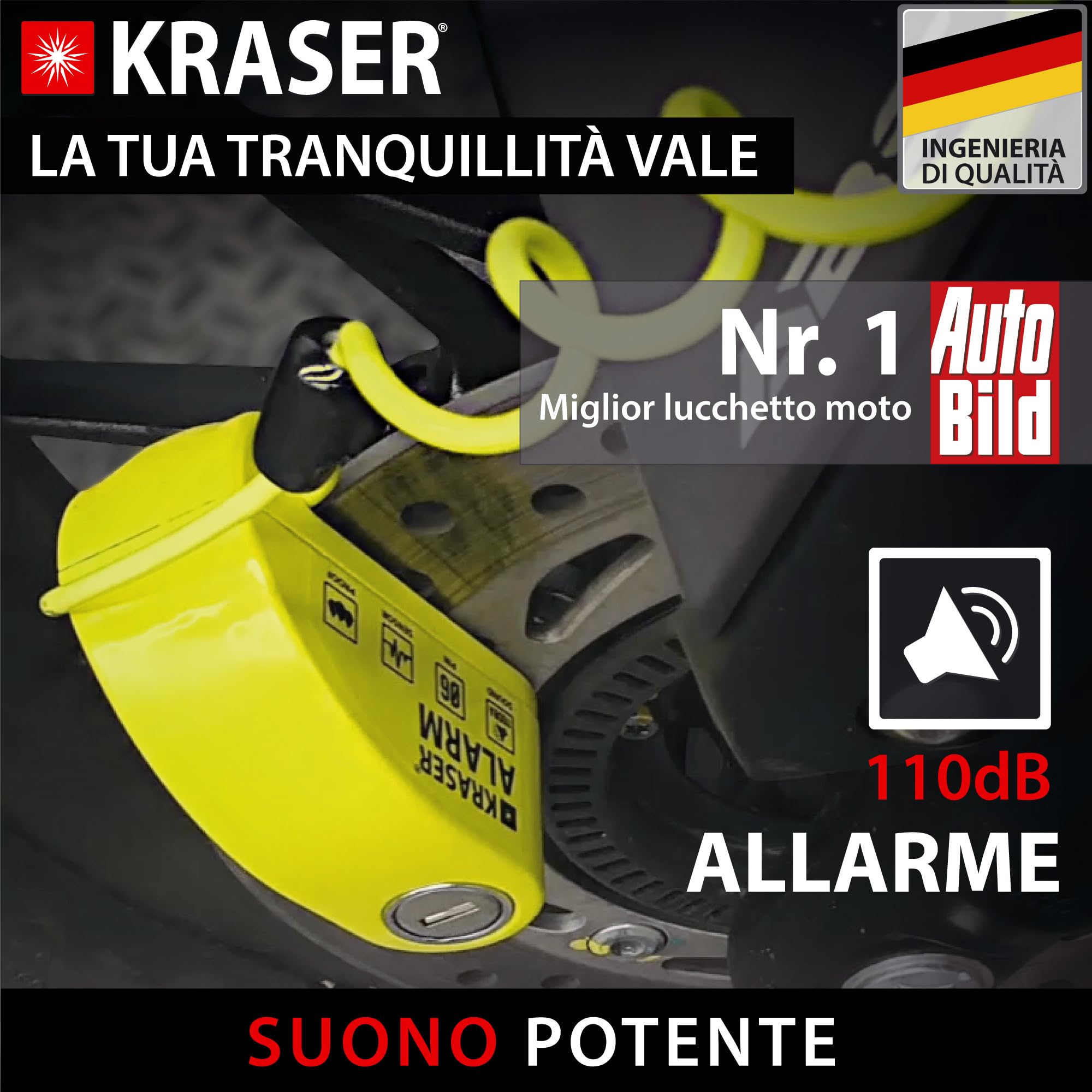 KRASER KR6Y Blocca Disco per Moto con Allarme 110dB, Antifurto Moto Nr1 Autobild, +Deterrente, 3 (altre 2) Chiavi Sicurezza, Impermeabile, Cavo Reminder 1.5m Borsa, Lucchetto Sonoro Scooter Bici