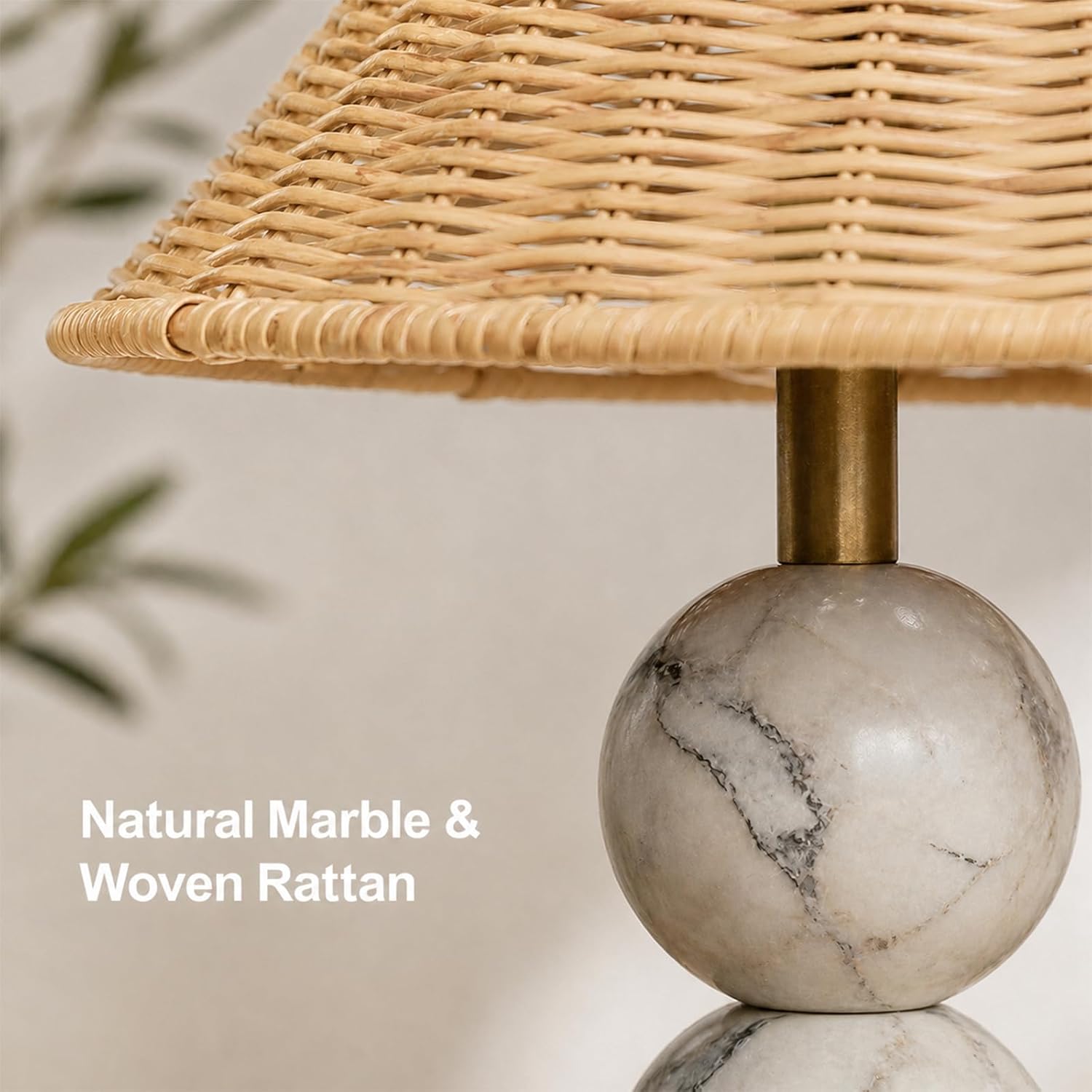 Calacatta Marble Table Lamp with Hand-Woven Rattan Shade, Vintage Stone Lamp with 3 Color Temperatures, Luxury Light for Bedroom Living Room