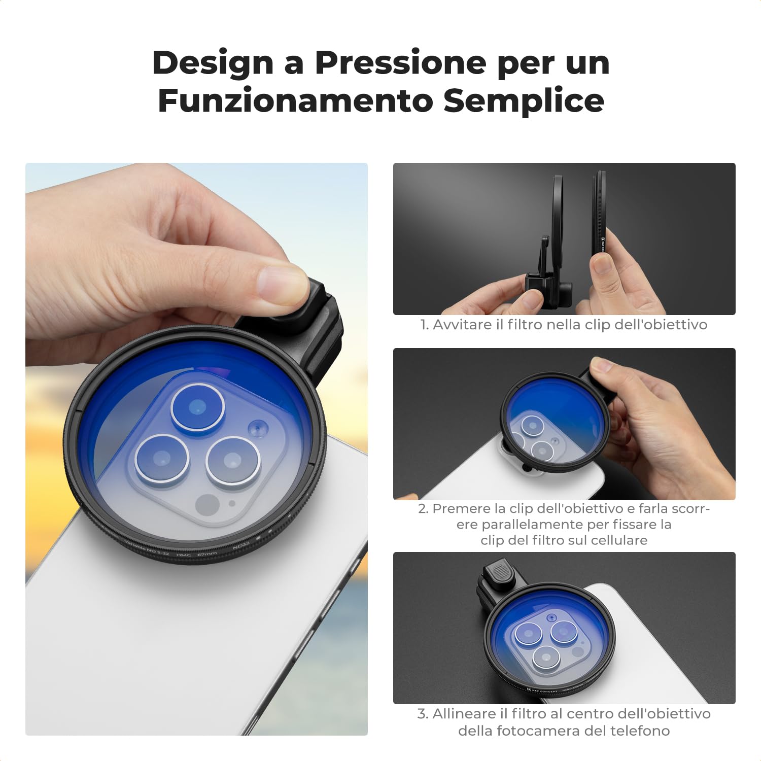 K&F CONCEPT 67mm Kit Filtri CPL per Telefono Obiettivo, Press-Type, Filtro Polarizzatore Compatibile con iPhone 17/16/15/14/13/12, 16/15/14/13/12 Pro e Pro Max, Samsung
