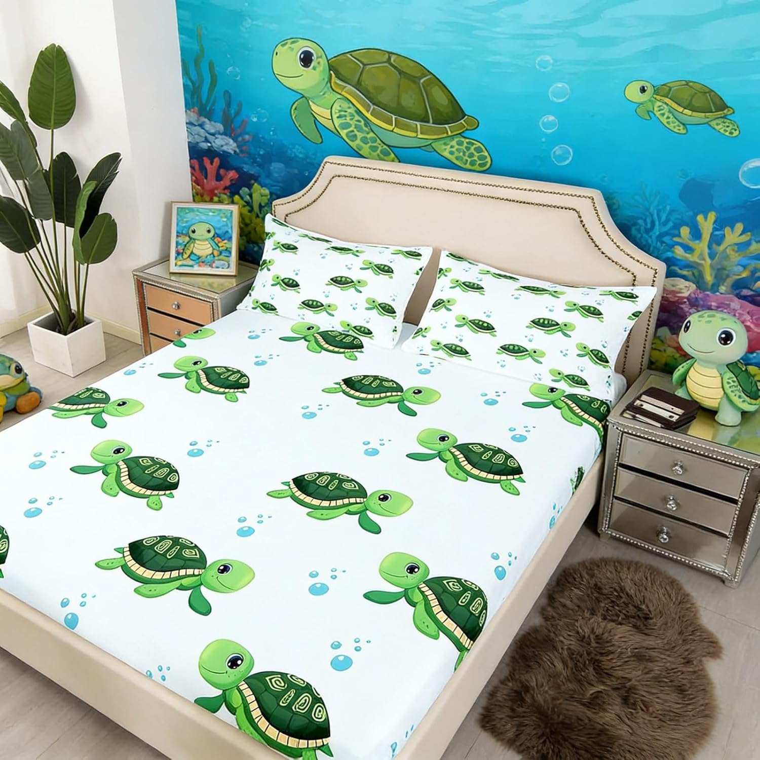 Erosebridal Green Sea Turtle Bedding Sets Blue Ocean Bed Sheets for Kids Boys Teens,Nautical Sea Animal Fitted Sheet Underwater World Reptile Bedding Decor Set Tropical Hawaii Beach Decor Twin Size