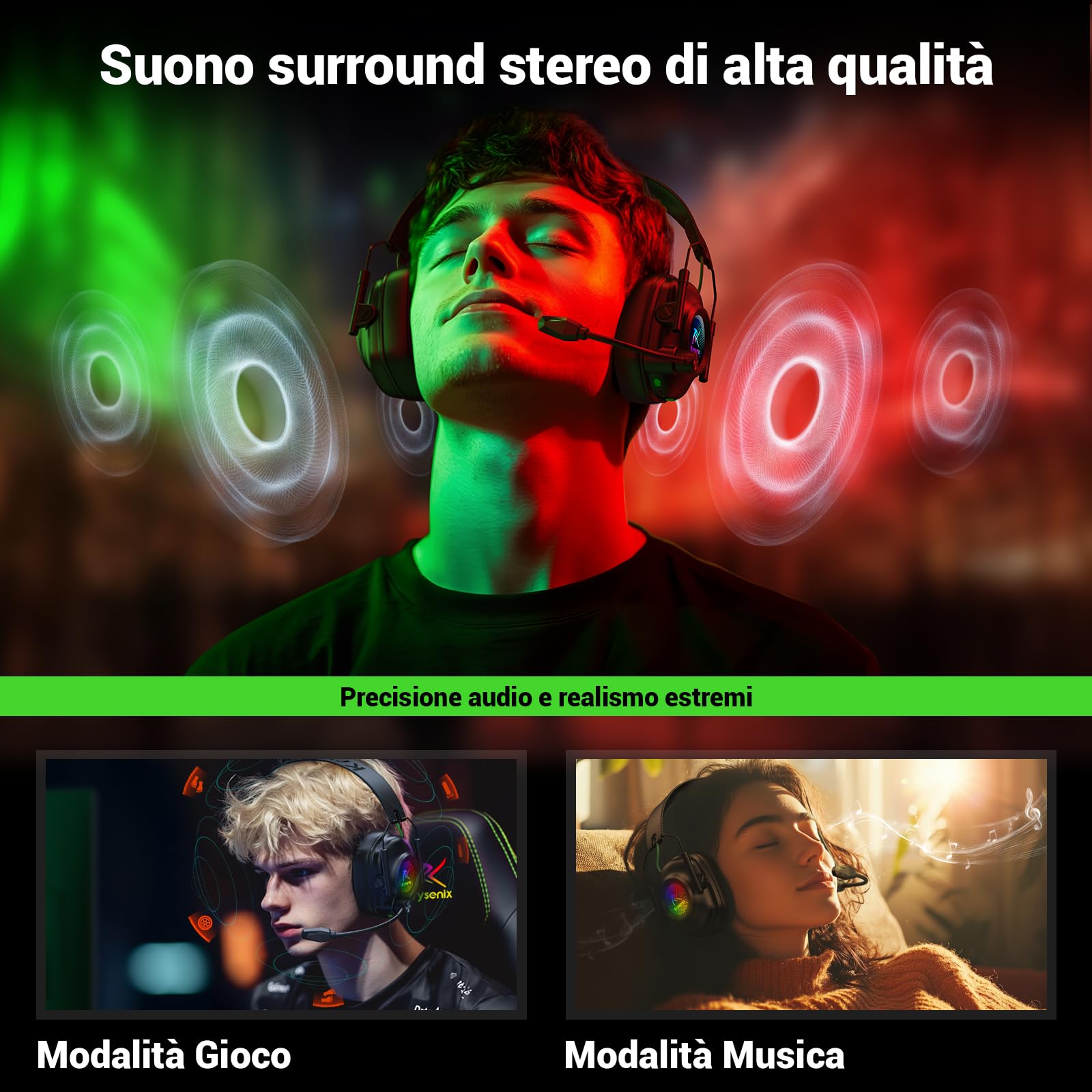 Krysenix KGH2 Cuffie Gaming Wireless, 2,4 GHz Cuffie Gaming per PS4, PS5, PC, Mac, Switch, Cuffie Bluetooth con microfono, Cancellazione del Rumore, Nero