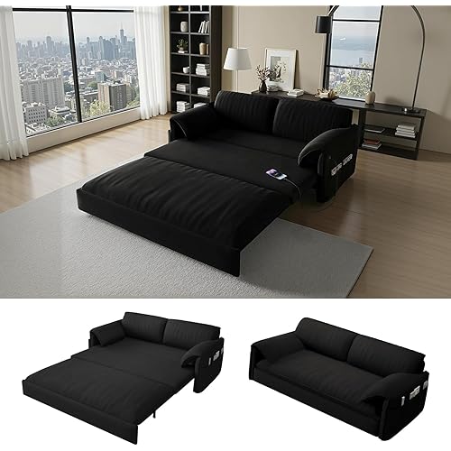 Gexpusm Futon Sofa Bed Queen Size,3-in-1 Convertible Sleeper Sofa,Pull Out Bed with Side Pocket,Loveseat Couch,Modern Futon Couch for Living Room,Small Space,Apartment,Bedroom (Black Velvet, 61") | Futon Sofa Bed, 3-in-1 Convertible, Queen Size