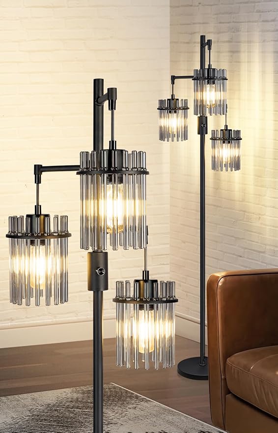 VOUTOORO Industrial Modern Floor Lamps for Living Room, Dimmable Glass Tree Standing Tall Lamps with 3 Elegant Teardrop Cage Head & 800 Lumens LED Bulbs for Bedroom Office (66inch Tall)