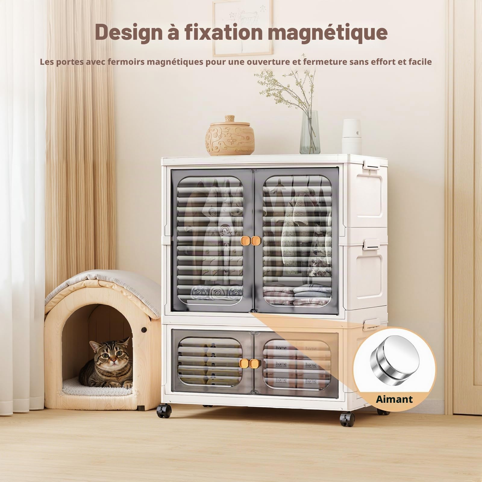 Armoire portable à double portes - Armoire pliante avec roulettes - Boîtes empilables - En plastique - Avec 1 suspension + 1 rangement - 60 x 35 x 79 cm - Blanc