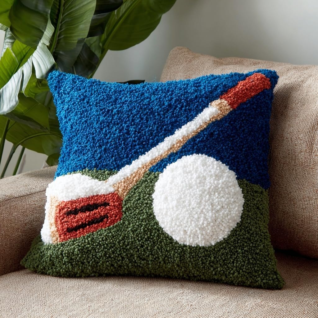 Latch Hook Pillow Kit Golf Printed Pillow Cover DIY Crochet Yarn Hooking Pillowcase for Hobby and Home Decor 43x43cm-4