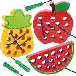 Aitey 3 Pcs Wooden Lacing Toy for Toddlers, Apple Watermelon