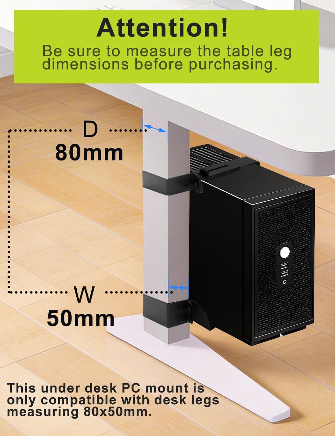 No-Drill Under Desk PC Mount, Adjustable CPU Holder for Standing Desk, Compatible Only with 80mm × 50mm Desk Legs, Supports up to 50 lbs, Includes Non-Slip Pads