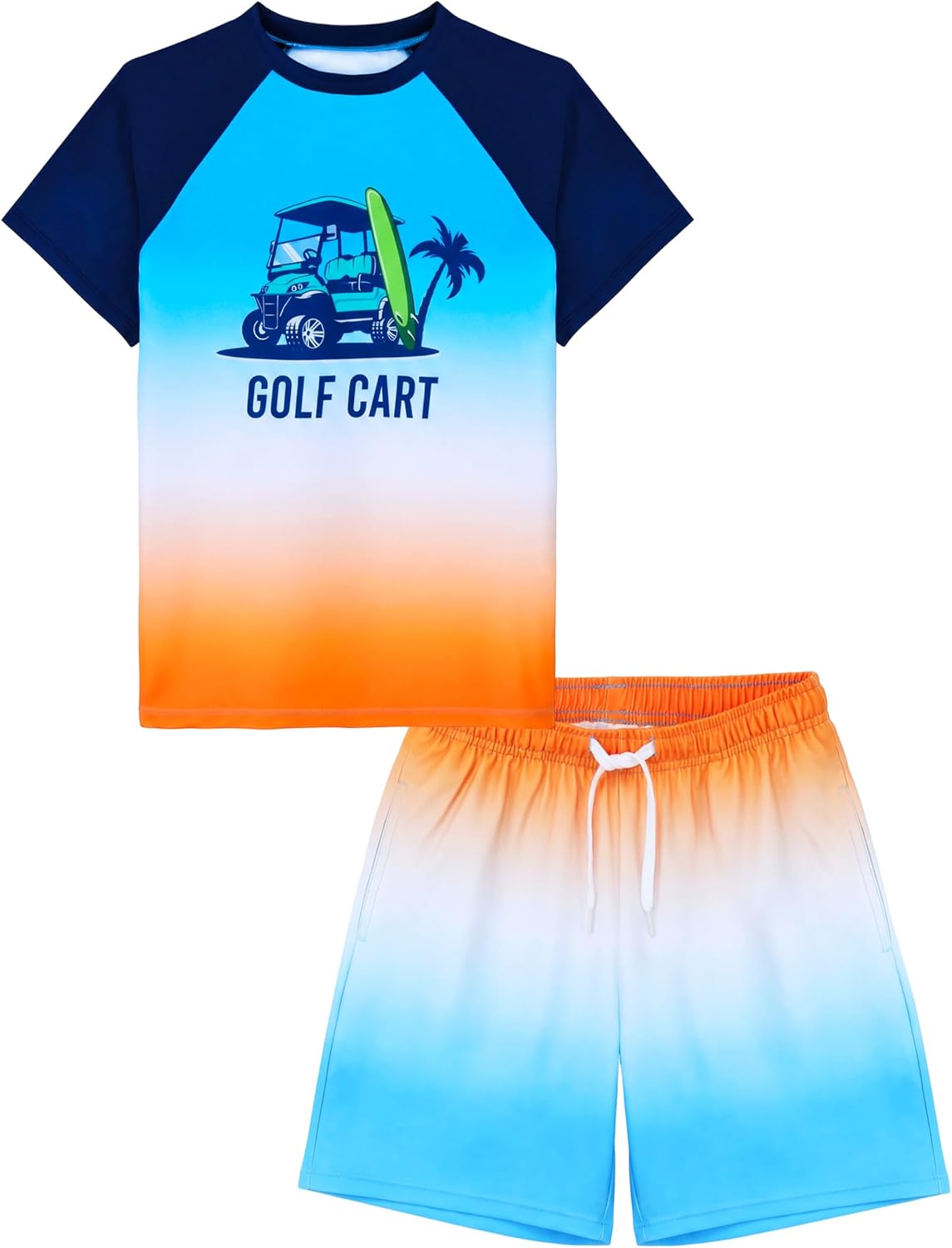 Cooraby 2 Piece Boys Swim Set Rash Guard UPF 50+ Quick-Dry Swimwear with Drawstring Pockets Beach Swimsuits 7-14 Years