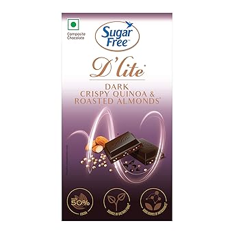 Sugar Free D'lite Dark Chocolate | Quinoa & Almonds Dark Chocolate Bar | Pack Of 1 (40 Gm) | No Added Sugar | Keto Friendly & Vegan | Gluten Free | Guilt Free Extreme Delight With 50% Cocoa - 40 Gm - image, photos