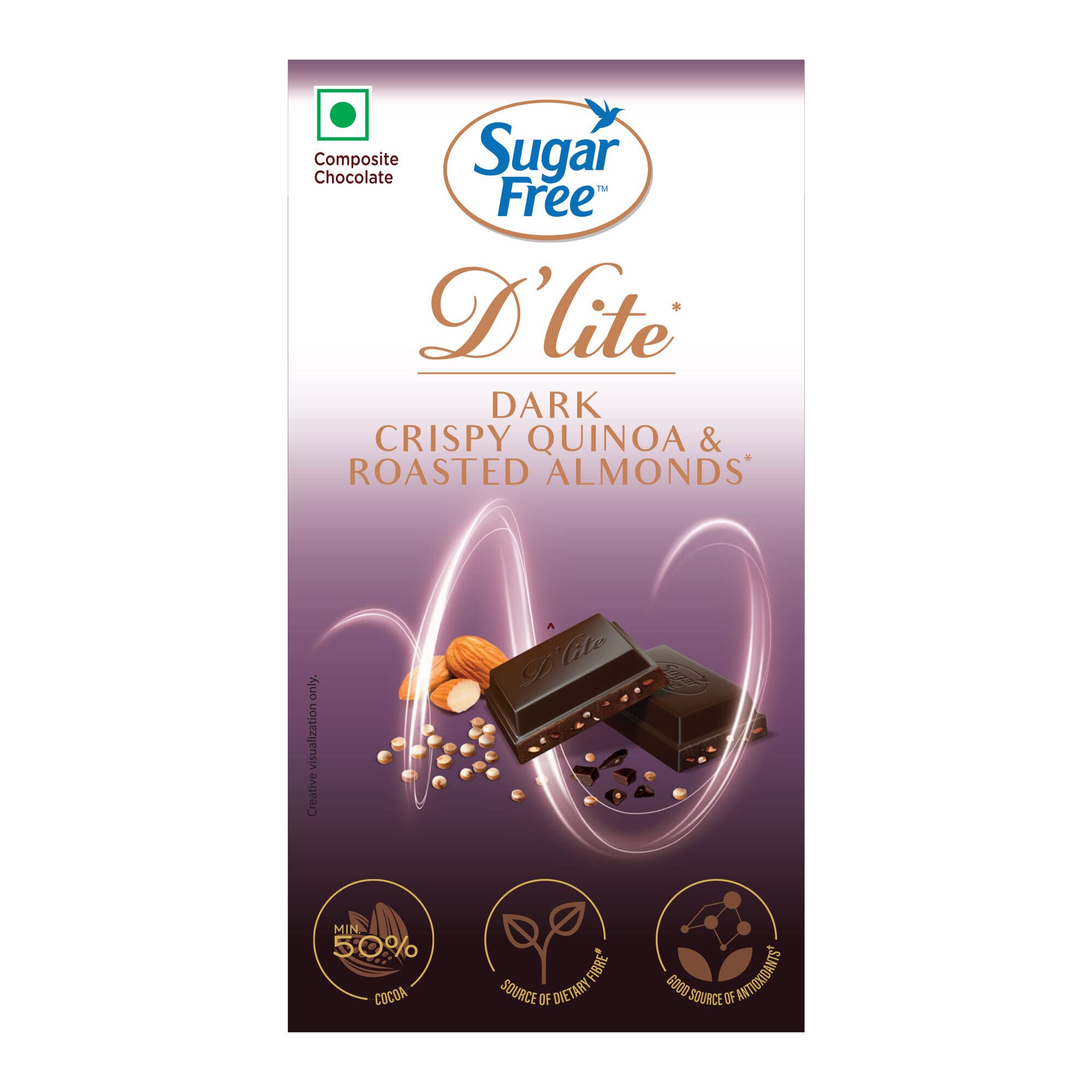 Sugar Free D'lite Dark Chocolate | Quinoa & Almonds Dark Chocolate Bar | Pack Of 1 (40 Gm) | No Added Sugar | Keto Friendly & Vegan | Gluten Free | Guilt Free Extreme Delight With 50% Cocoa - 40 Gm