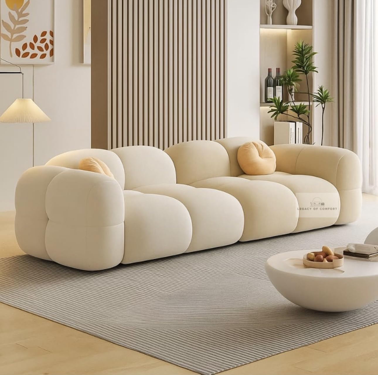 LEGACY OF COMFORT Prith Velvet Modern Cloud Sofa Upholstered 3 Seater Sofa Three Seater Sofa for Living Room Hotels Offices (Ivory/Beige)-image-18