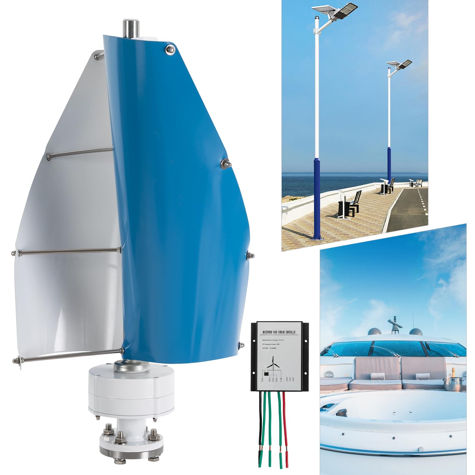 Turbina eólica con controlador, generador de turbinas eólicas verticales de 500 W, velocidad del viento de hasta 13 m/s, generador de viento vertical para casas, escuelas, caravanas (azul 12 V)