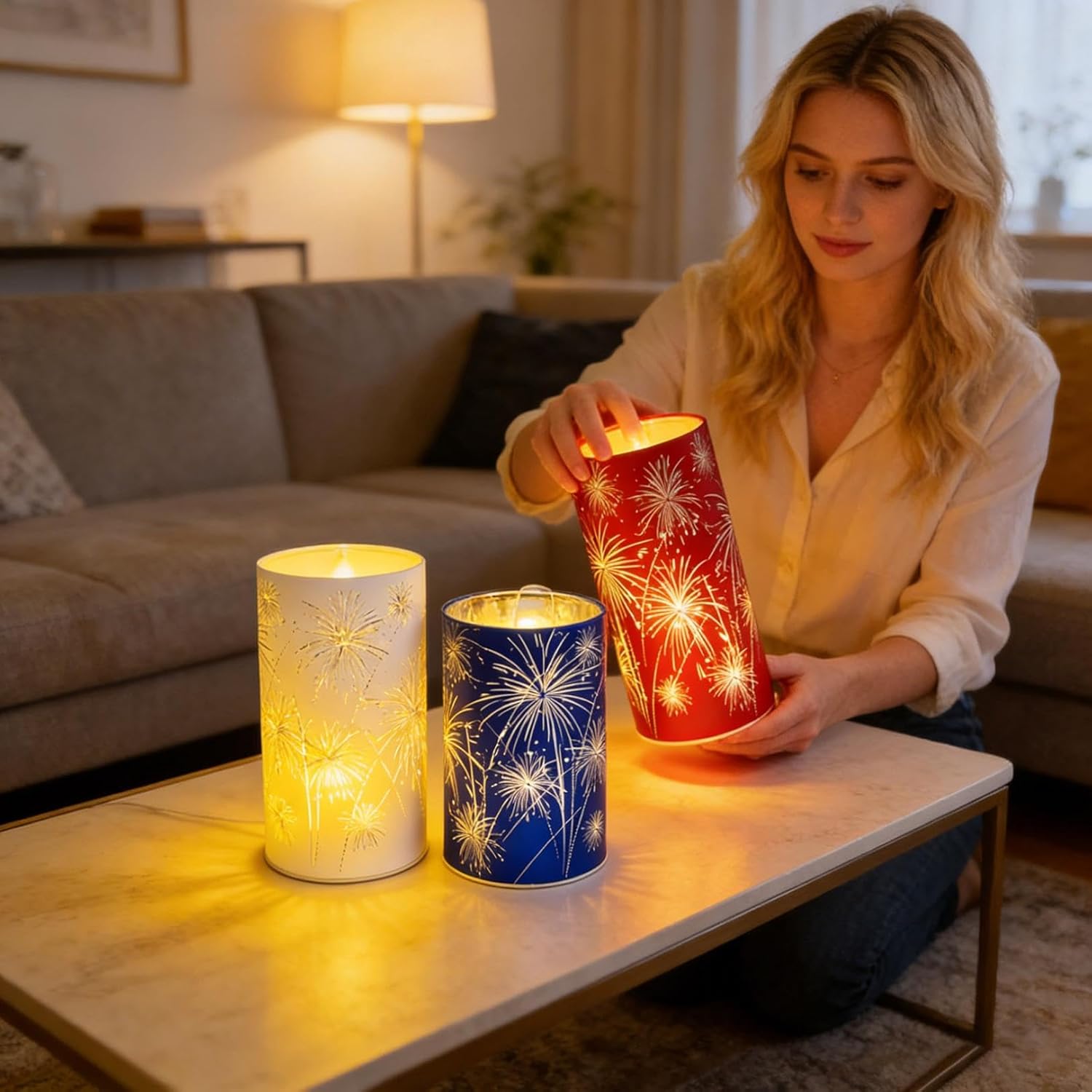 Set of 3 Celebration Hurricanes,Etched Firework Starburst Glass Pedestals with Warm White LED Lights,Starry Night Firework Glass Hurricanes for Bedroom Dining Table Holiday July 4th Decor (Multicolor)