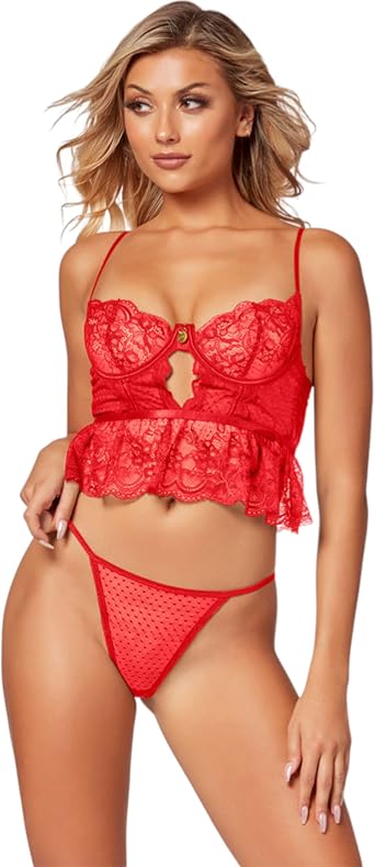 New Dreams Fantezi Dantel Peplum Bustier ve Tanga Tak m, K rm z  ve Siyah, Puantiyeli T l Detayl , Ask l    Giyim Seti