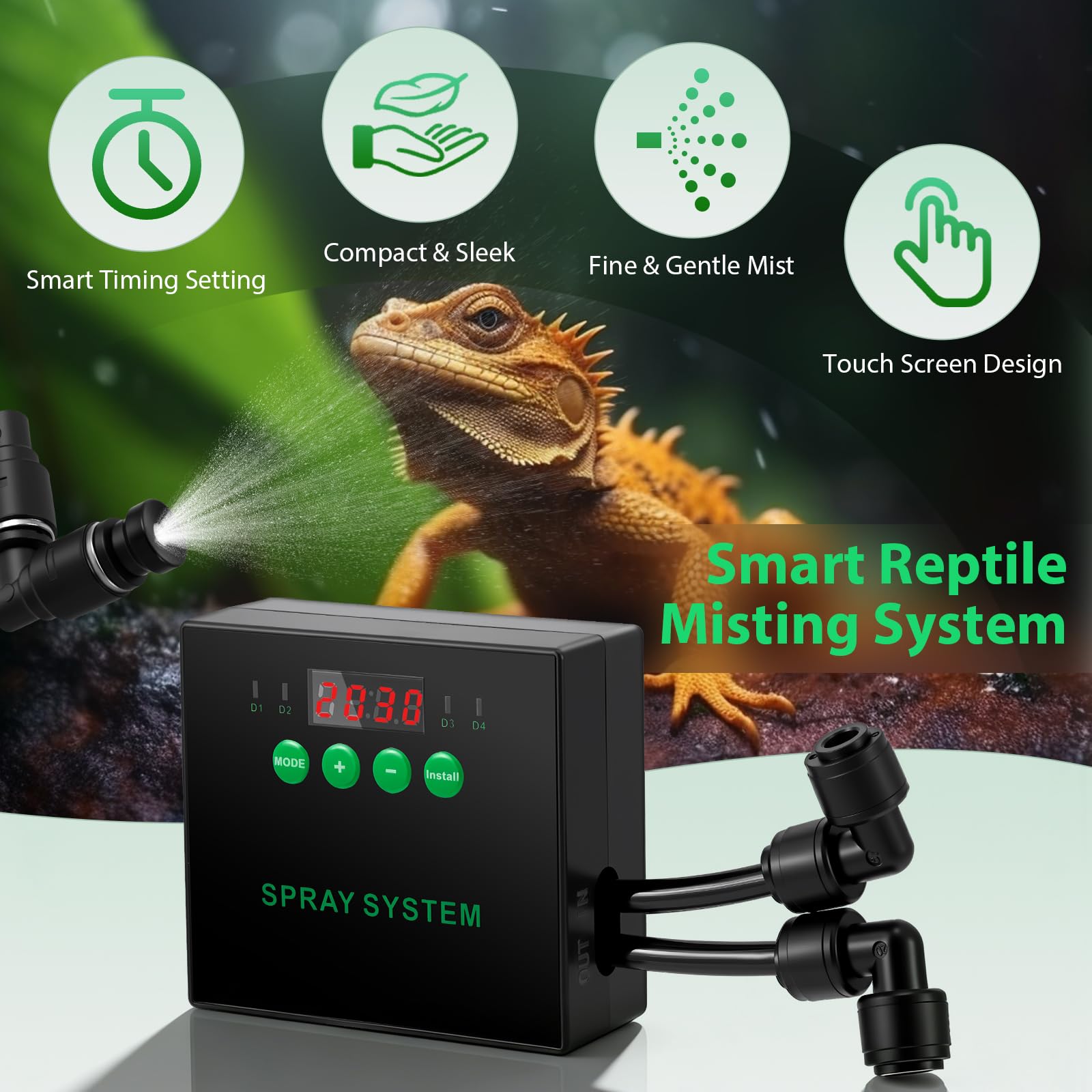 Système intelligent de brumisation des reptiles - Humidificateur pour reptiles - Système de brume pour terrarium avec buses de pulvérisation à 360° et minuterie pour fleurs, forêt tropicale