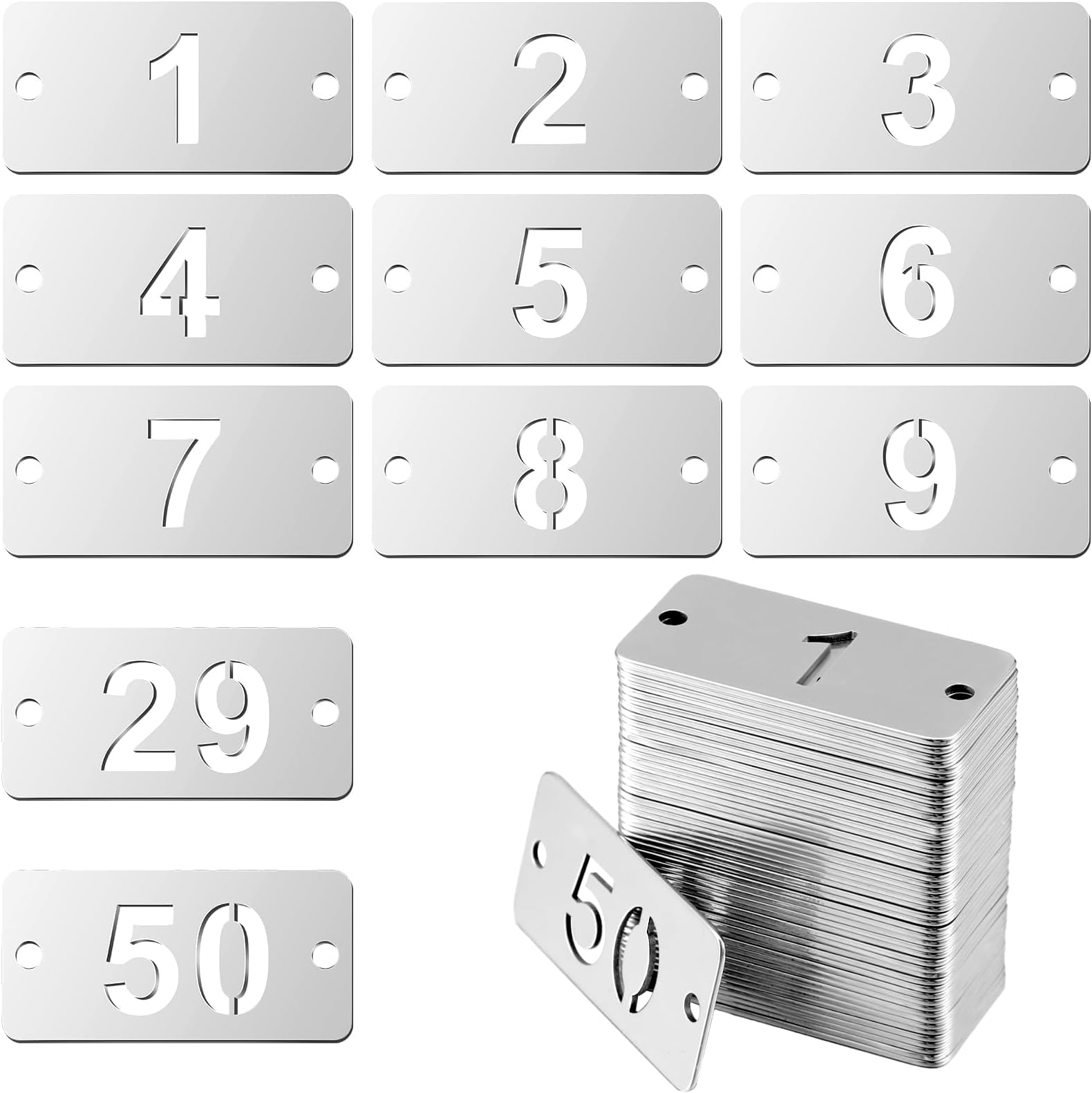 TERRIFI Metal Numbered Tags, Stainless Steel Number ID Key Tags with Holes, Numbered Key Rings Chain, Durable Rectangle Tags for Easy Identification, Set of 50 Pcs (Numbers 1-50)